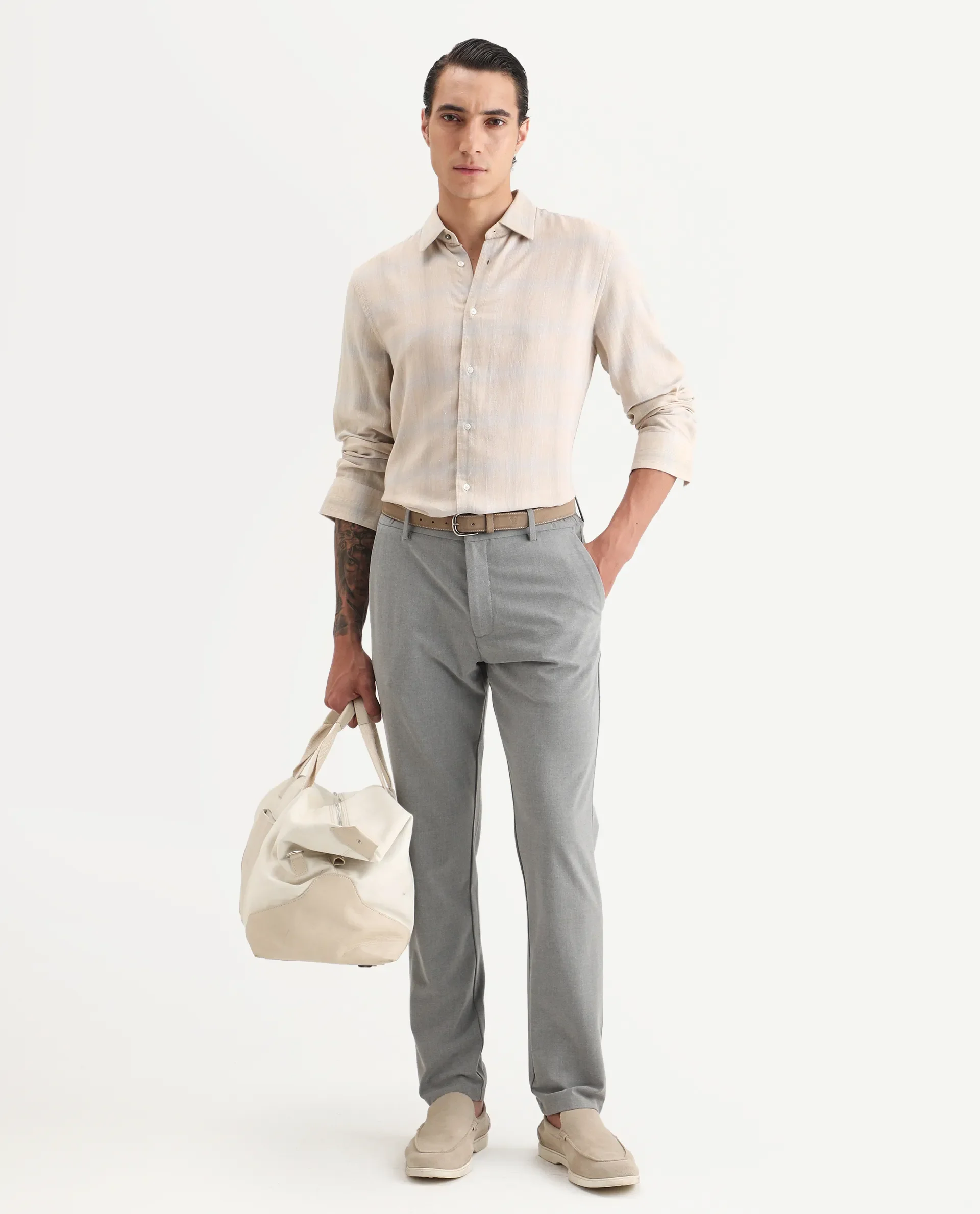 Rare Rabbit Men Eamon Light Beige Linen Blend Checked Print Regular Fit Full Sleeve Collared Shirt - Image 2