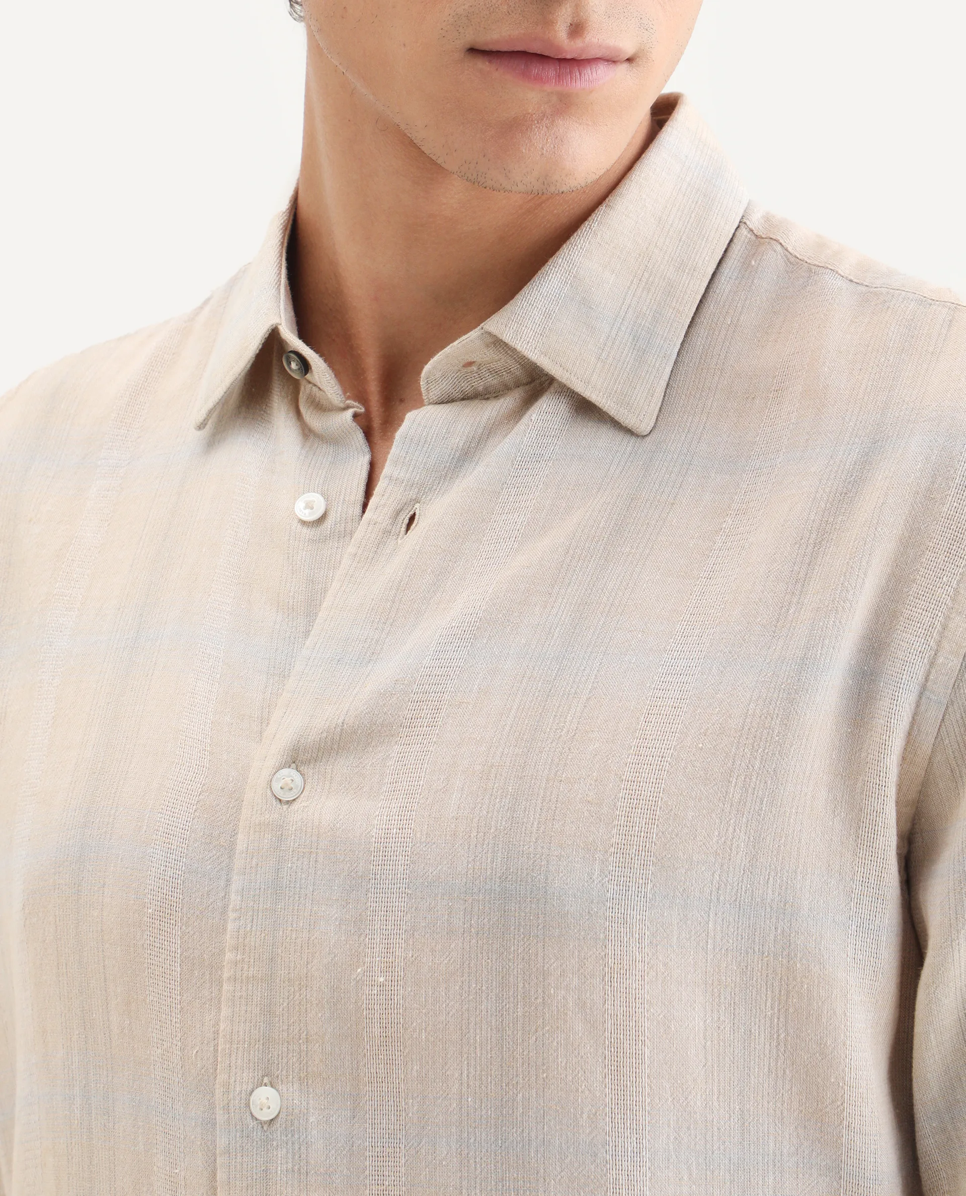Rare Rabbit Men Eamon Light Beige Linen Blend Checked Print Regular Fit Full Sleeve Collared Shirt - Image 3