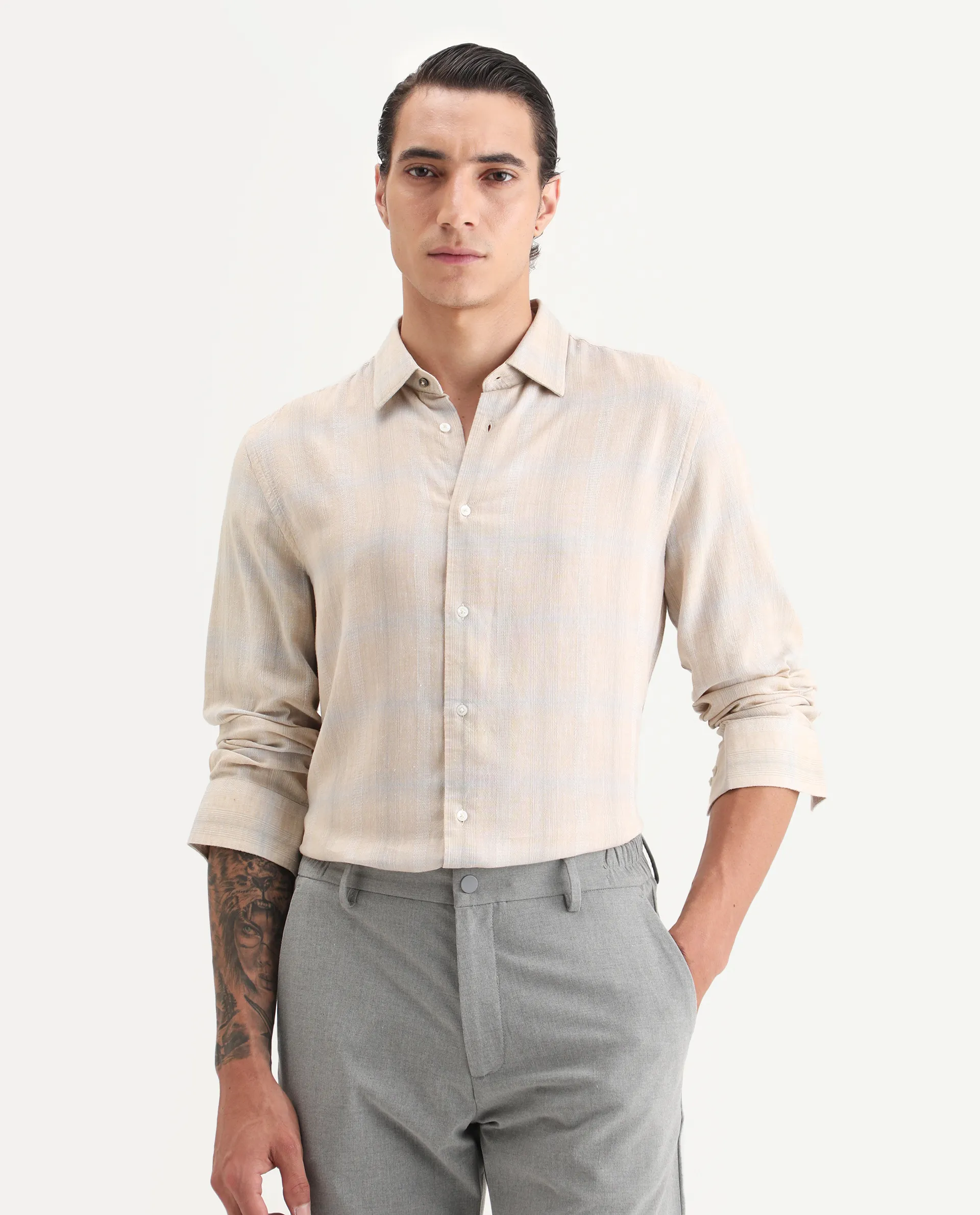 Rare Rabbit Men Eamon Light Beige Linen Blend Checked Print Regular Fit Full Sleeve Collared Shirt - Image 4