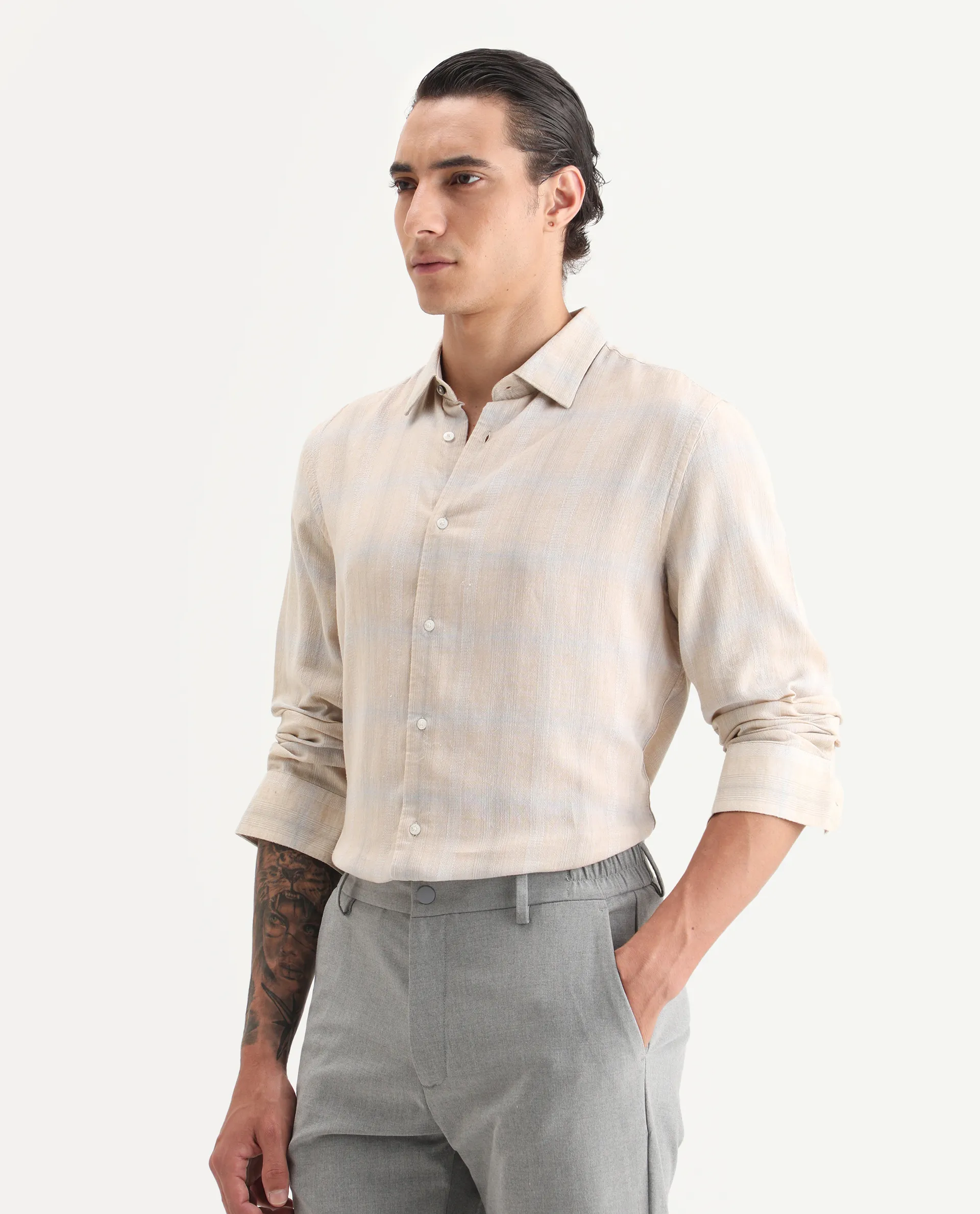 Rare Rabbit Men Eamon Light Beige Linen Blend Checked Print Regular Fit Full Sleeve Collared Shirt - Image 5