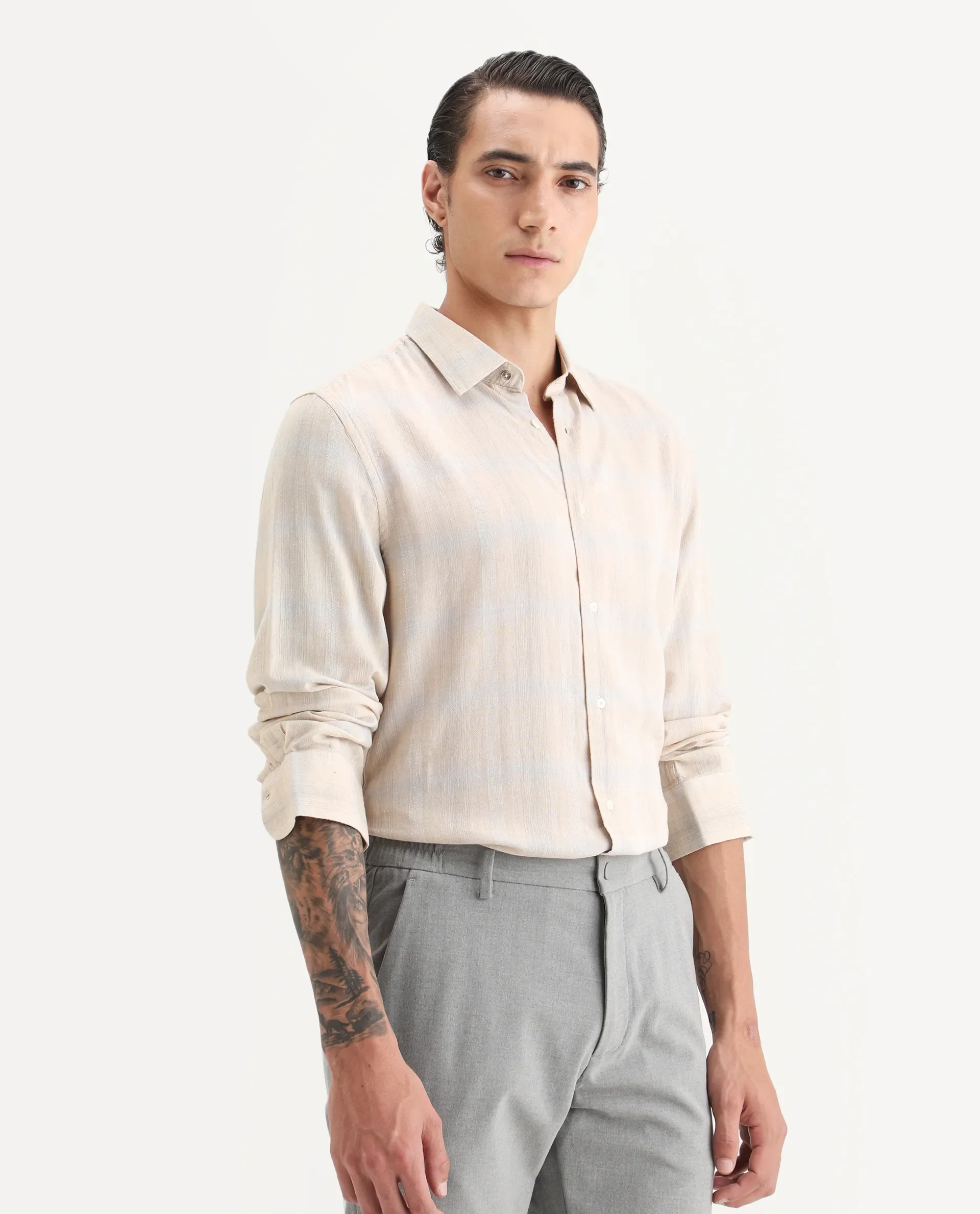 Rare Rabbit Men Eamon Light Beige Linen Blend Checked Print Regular Fit Full Sleeve Collared Shirt - Image 6