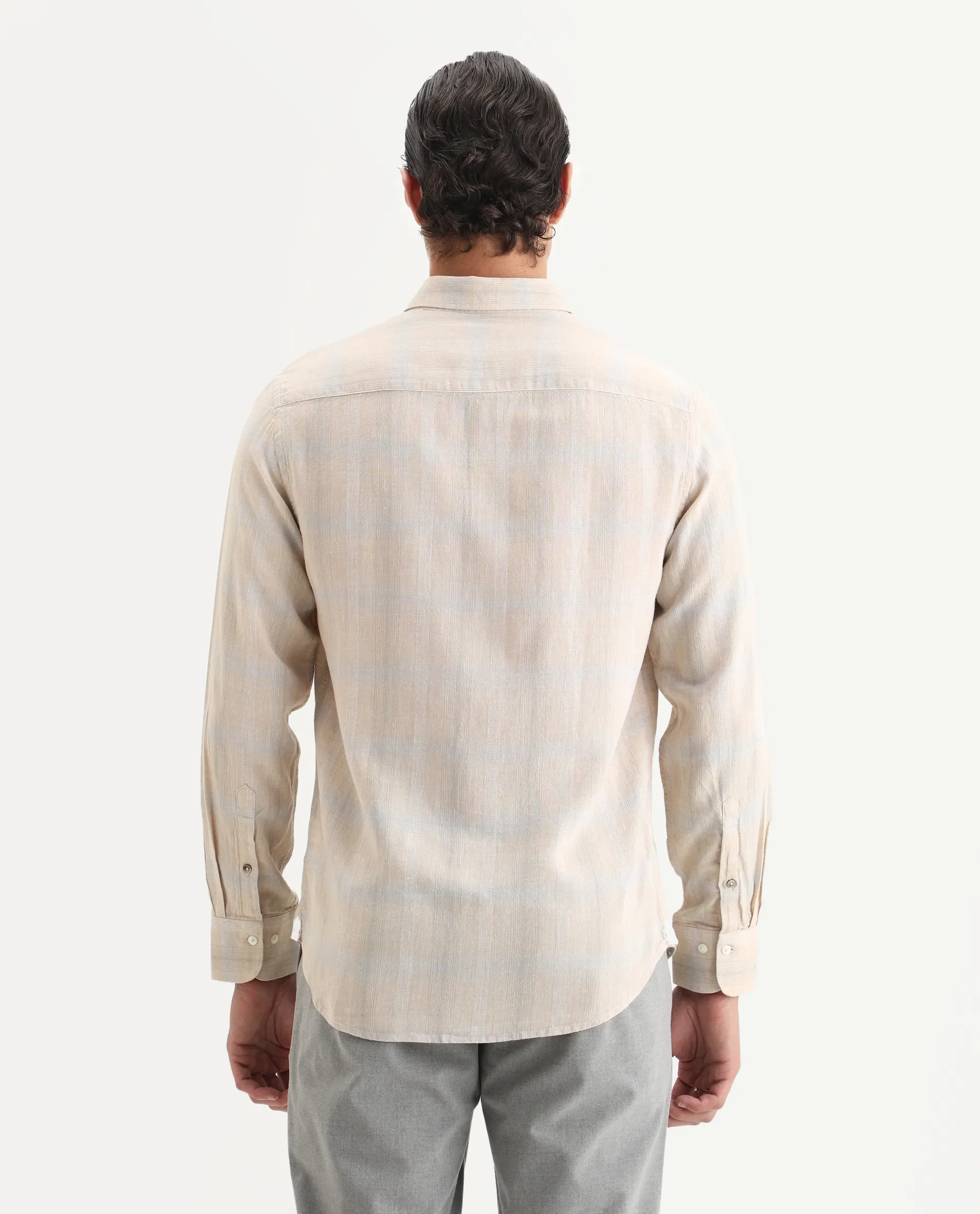 Rare Rabbit Men Eamon Light Beige Linen Blend Checked Print Regular Fit Full Sleeve Collared Shirt - Image 7