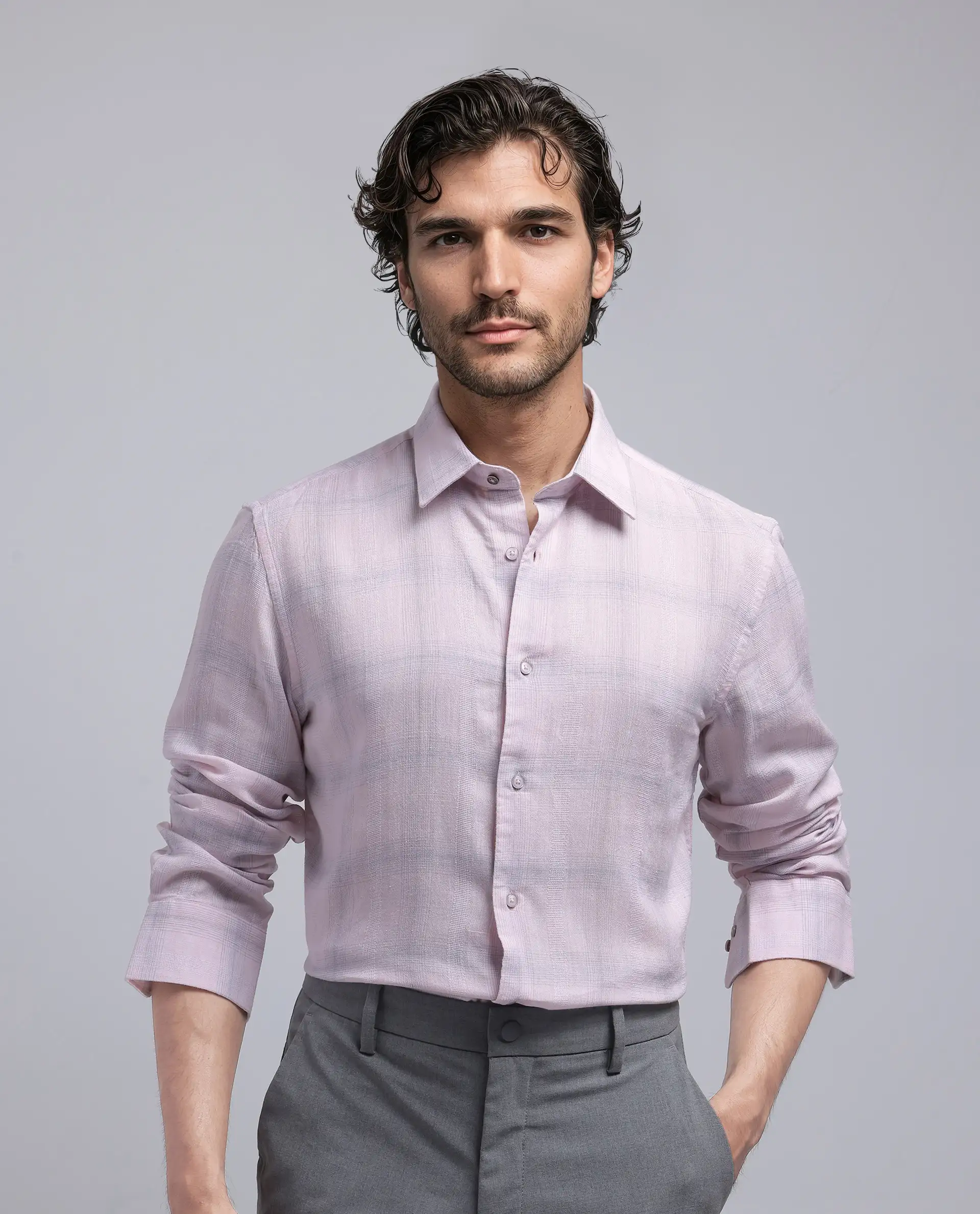 Rare Rabbit Men's Eamon Light Pink Linen Blend Checked Print Regular Fit Full Sleeve Collared Shirt - Image 2