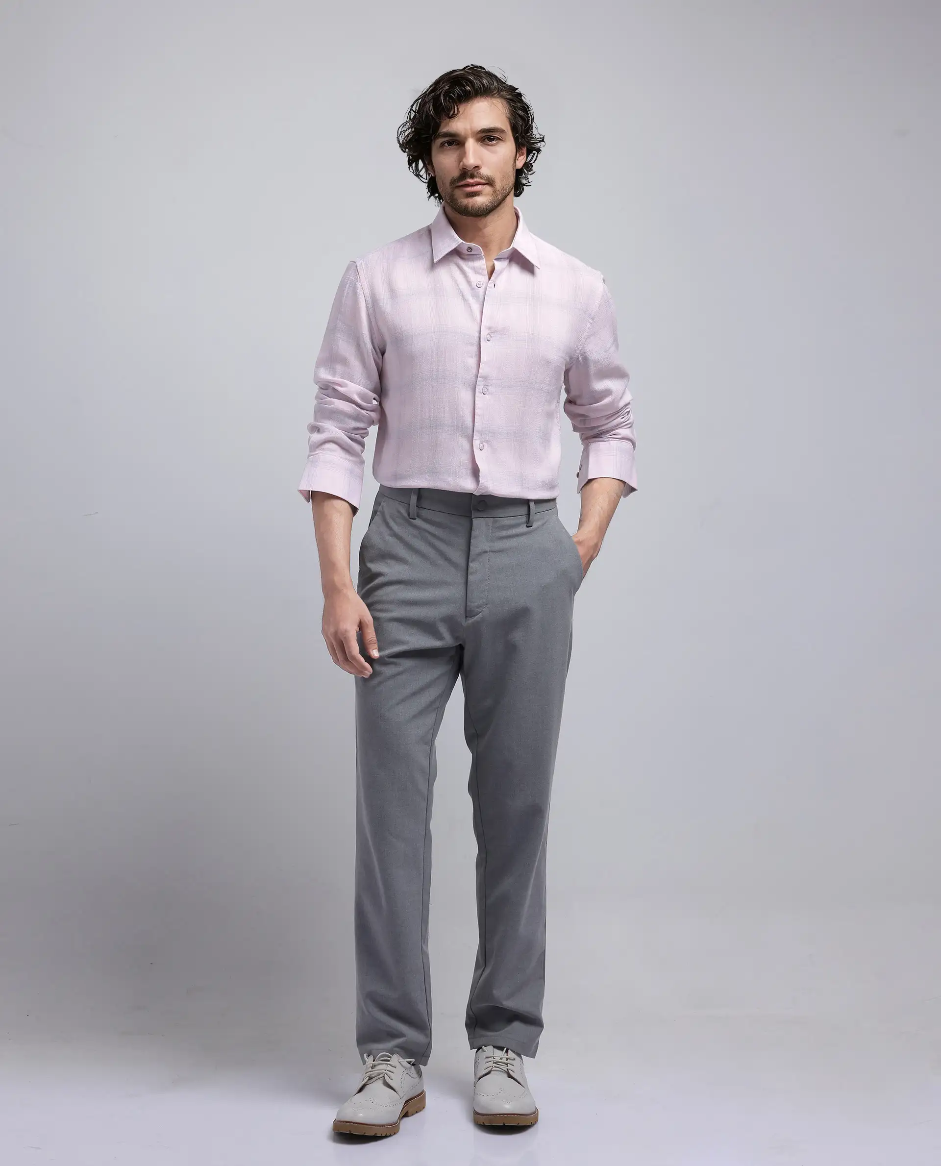 Rare Rabbit Men's Eamon Light Pink Linen Blend Checked Print Regular Fit Full Sleeve Collared Shirt - Image 3