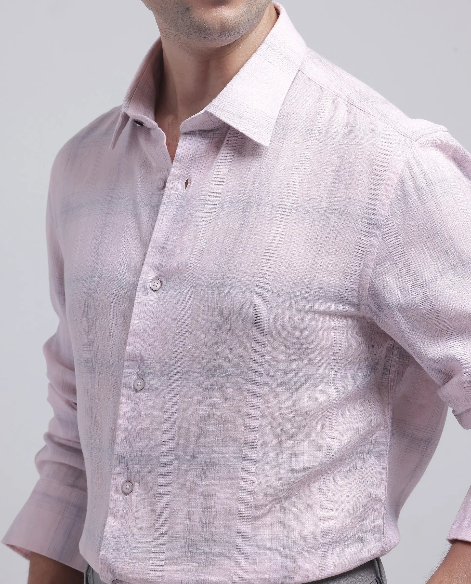 Rare Rabbit Men's Eamon Light Pink Linen Blend Checked Print Regular Fit Full Sleeve Collared Shirt - Image 4