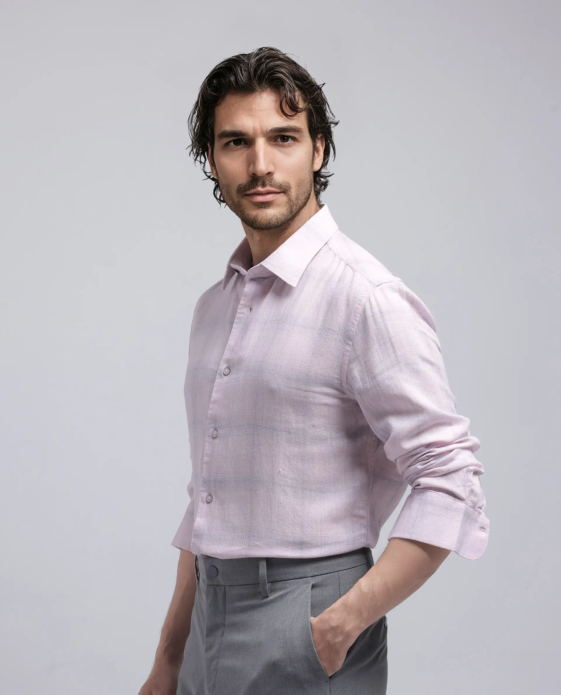 Rare Rabbit Men's Eamon Light Pink Linen Blend Checked Print Regular Fit Full Sleeve Collared Shirt - Image 6