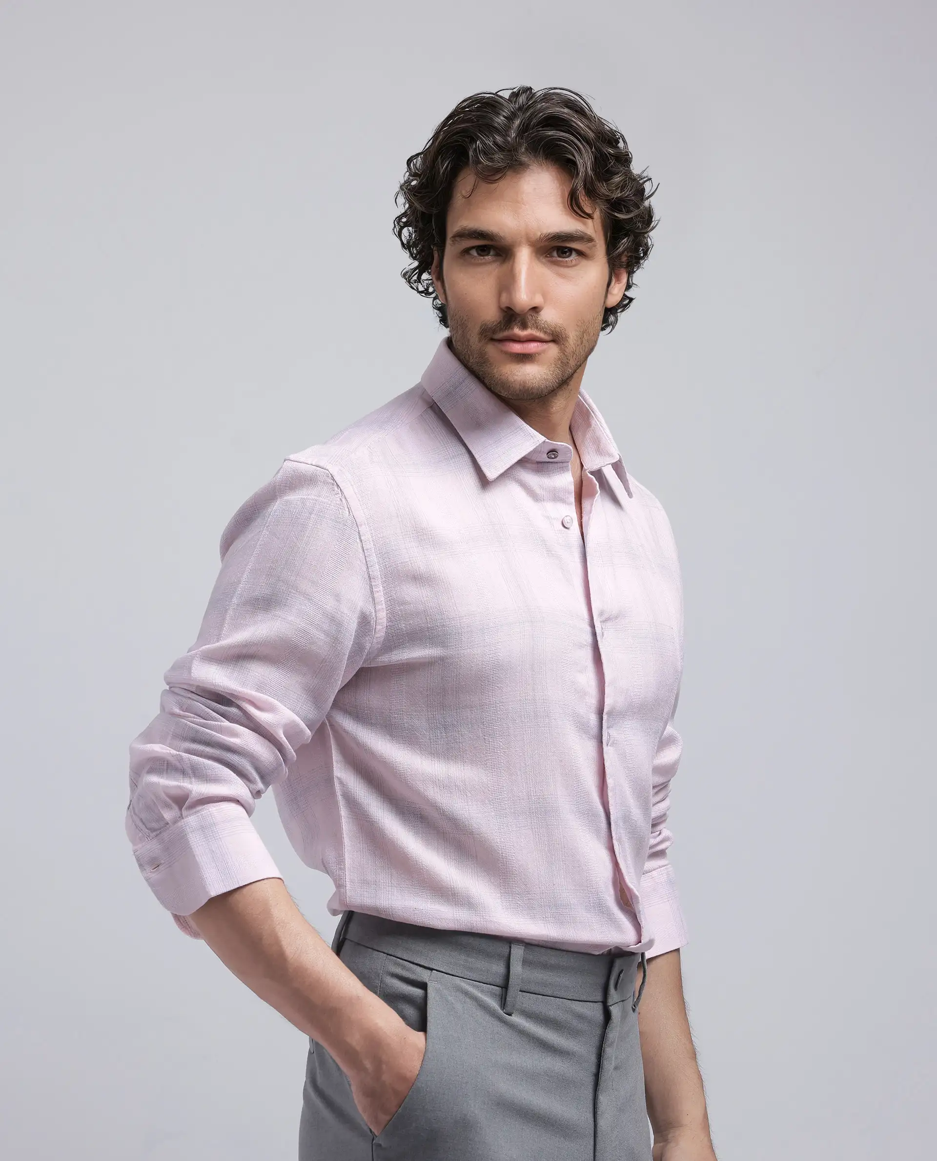 Rare Rabbit Men's Eamon Light Pink Linen Blend Checked Print Regular Fit Full Sleeve Collared Shirt - Image 7