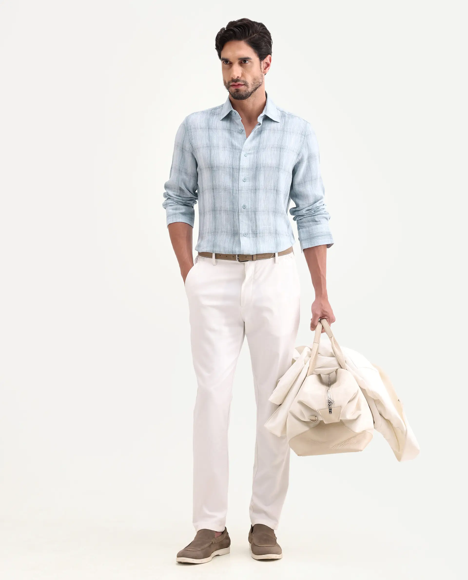 Rare Rabbit Men's Eamon-S26 Light Blue Linen Blend Full Sleeve Spread Collar Regular Fit Checked Shirt - Image 2