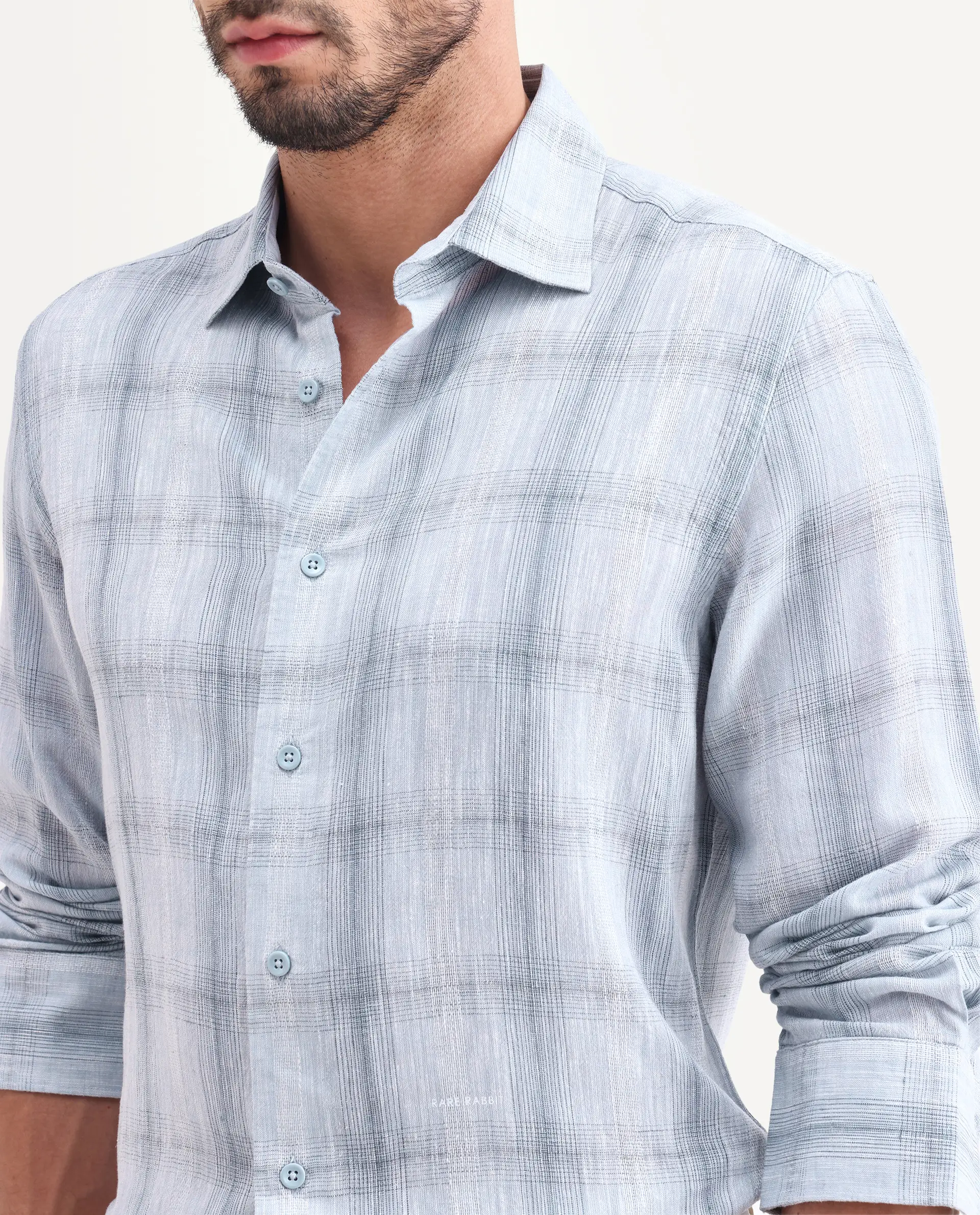 Rare Rabbit Men's Eamon-S26 Light Blue Linen Blend Full Sleeve Spread Collar Regular Fit Checked Shirt - Image 3