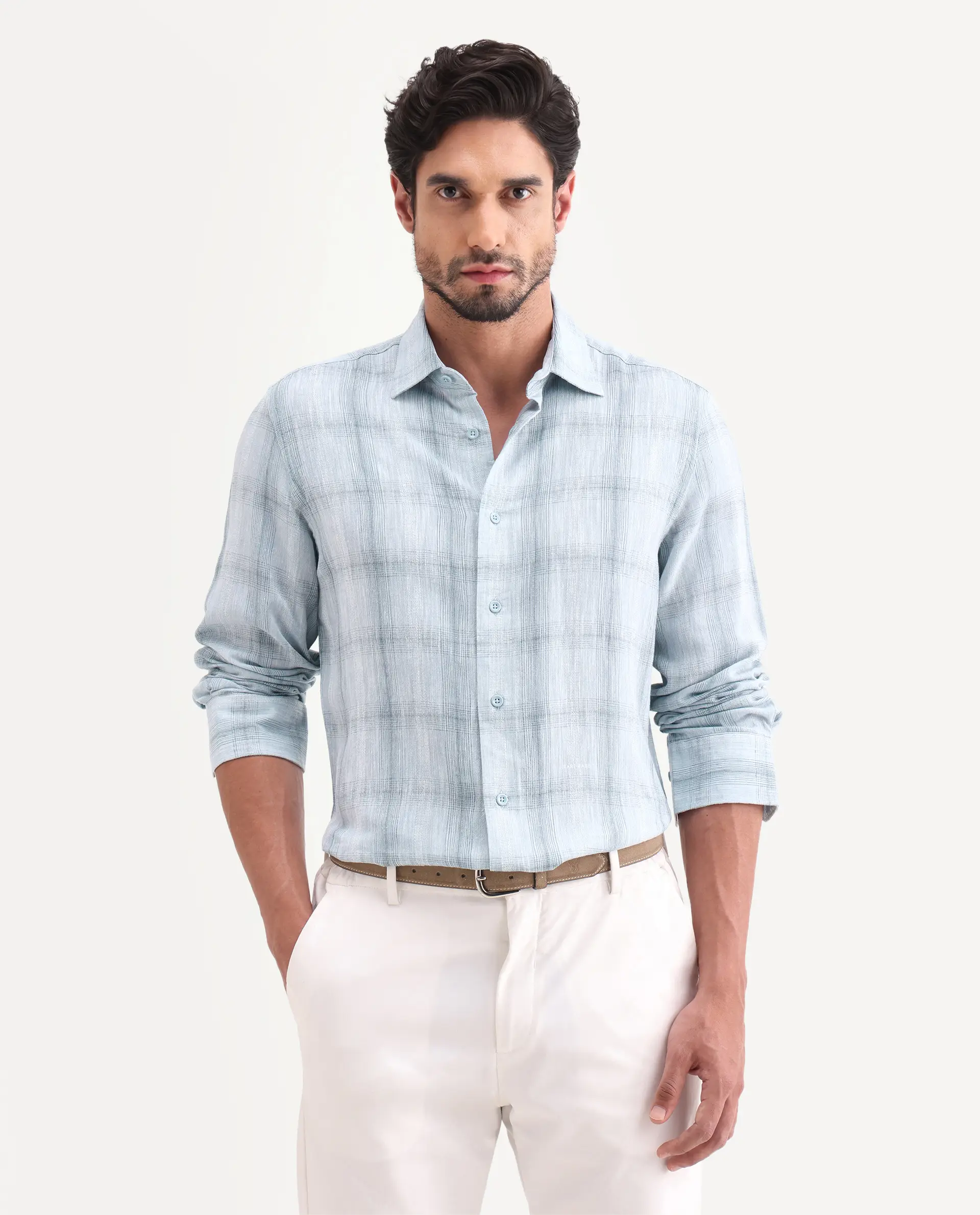 Rare Rabbit Men's Eamon-S26 Light Blue Linen Blend Full Sleeve Spread Collar Regular Fit Checked Shirt - Image 4