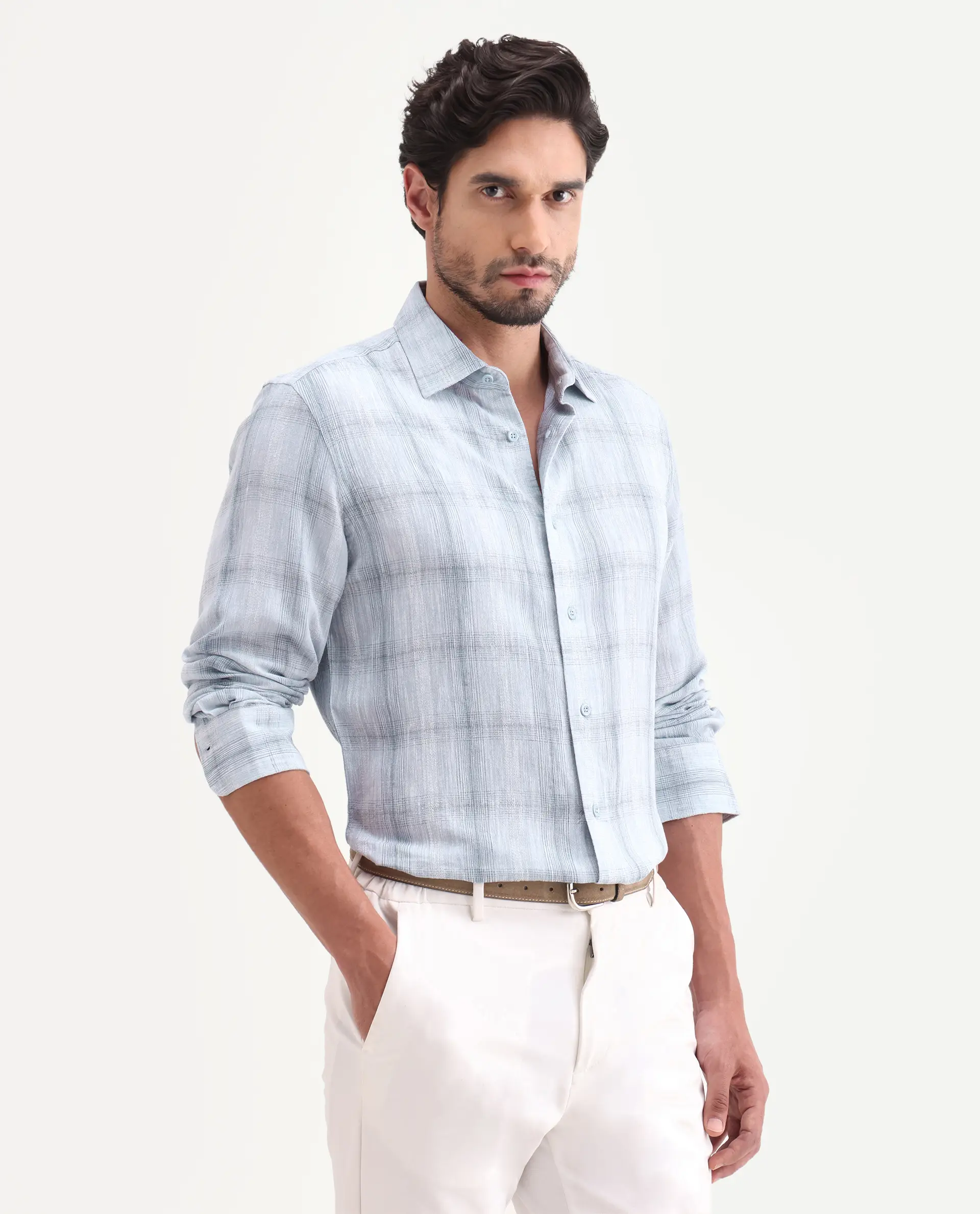Rare Rabbit Men's Eamon-S26 Light Blue Linen Blend Full Sleeve Spread Collar Regular Fit Checked Shirt - Image 5