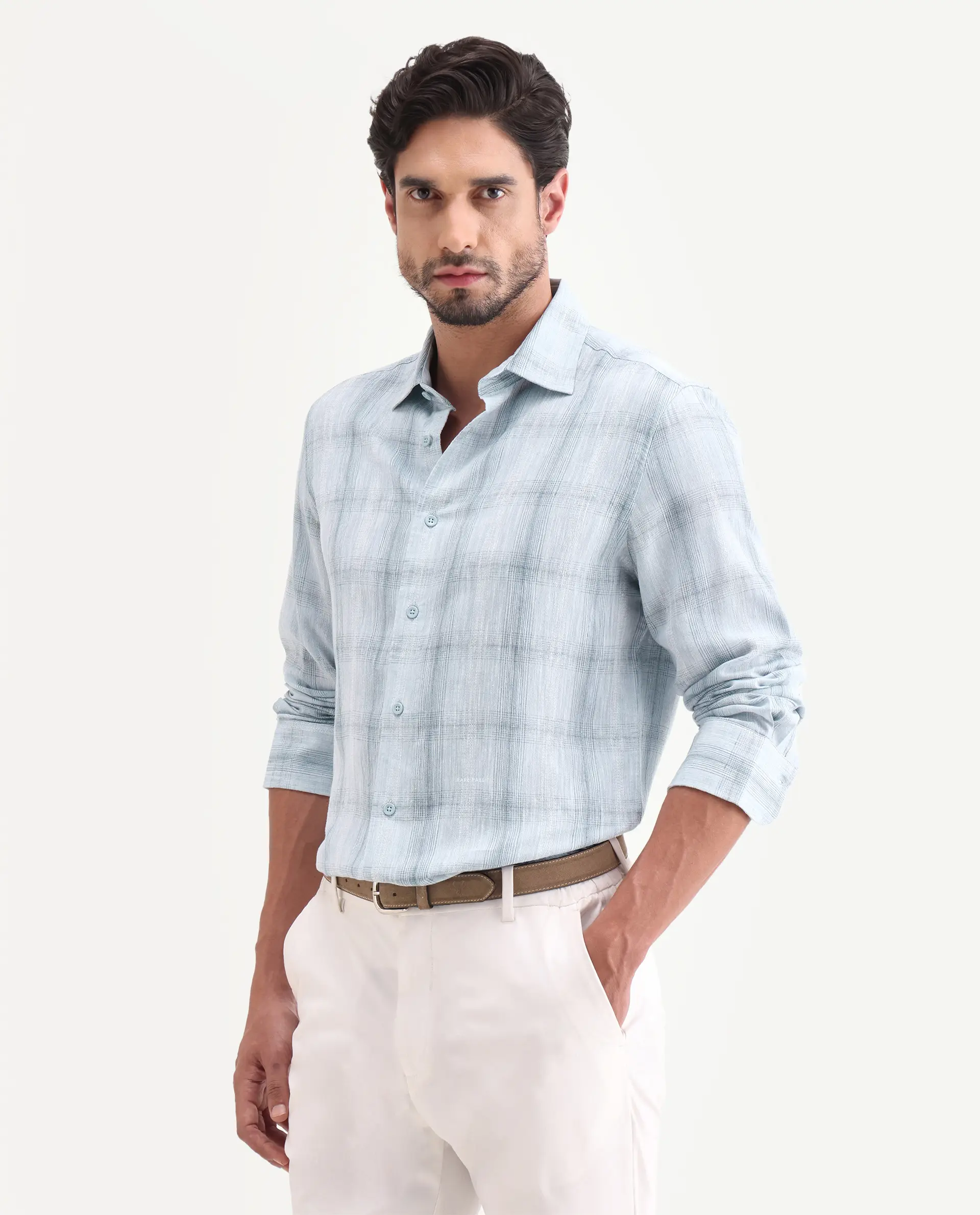 Rare Rabbit Men's Eamon-S26 Light Blue Linen Blend Full Sleeve Spread Collar Regular Fit Checked Shirt - Image 6