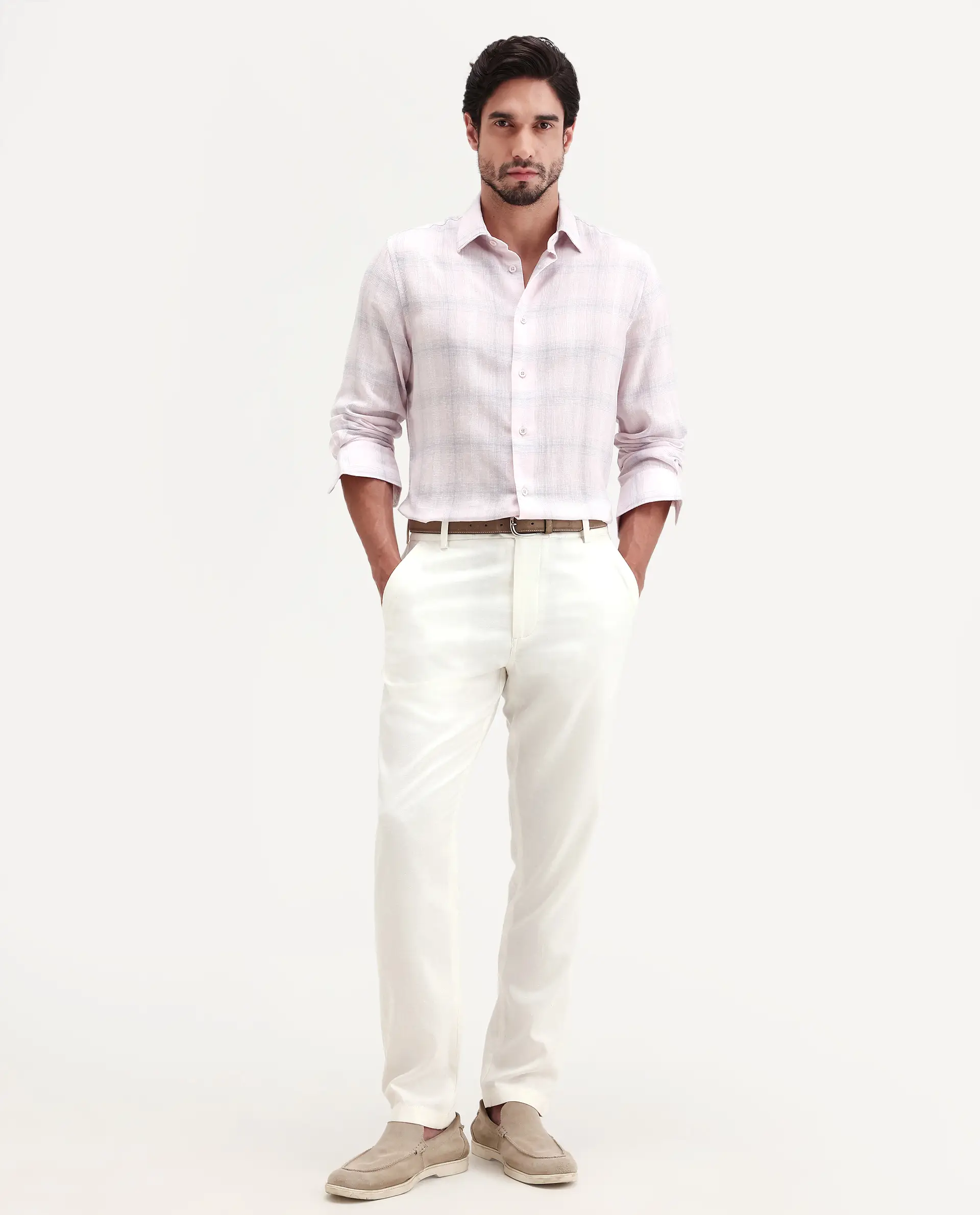 Rare Rabbit Men's Eamon-S26 Light Pink Linen Blend Full Sleeve Spread Collar Regular Fit Checked Shirt - Image 2