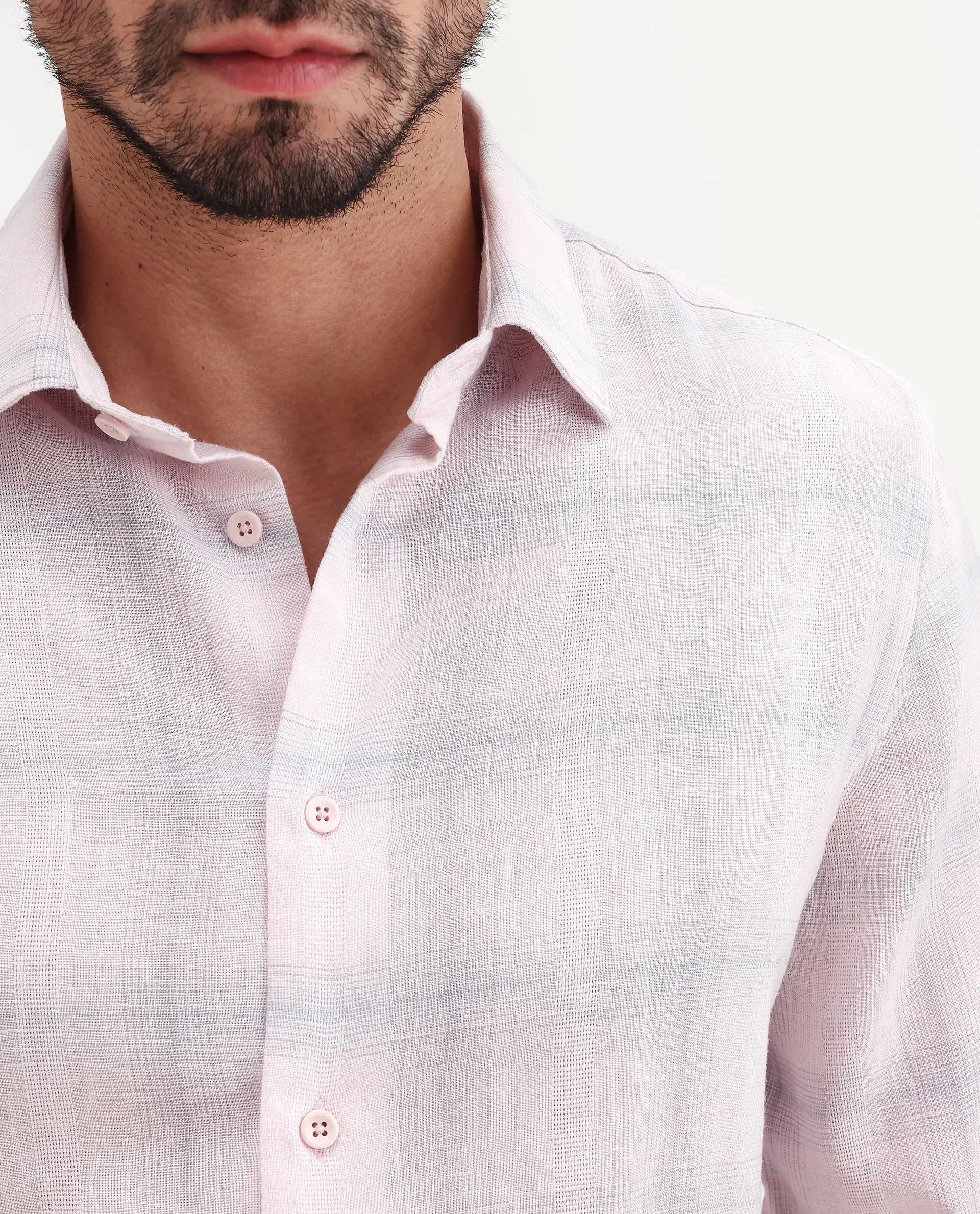 Rare Rabbit Men's Eamon-S26 Light Pink Linen Blend Full Sleeve Spread Collar Regular Fit Checked Shirt - Image 3