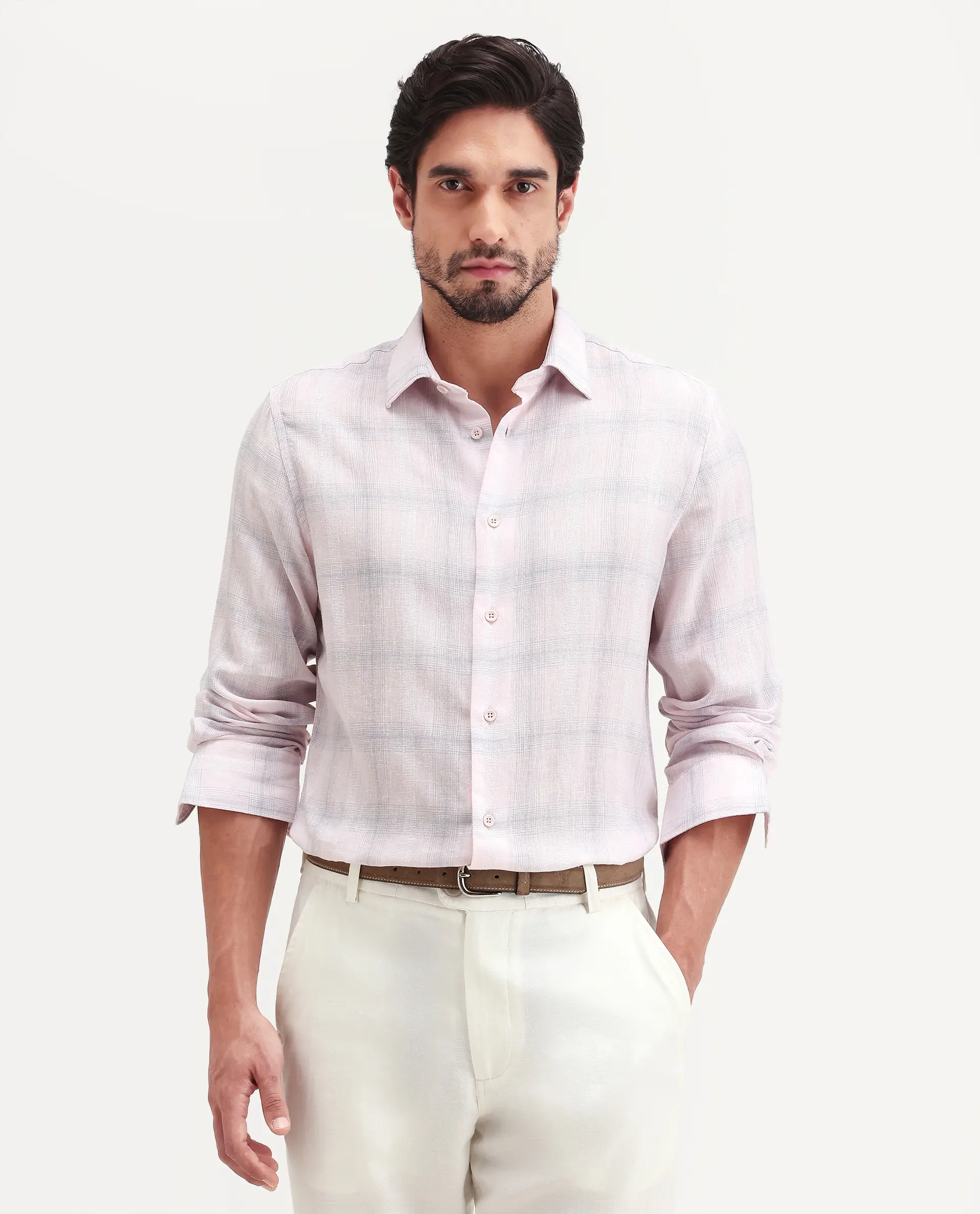 Rare Rabbit Men's Eamon-S26 Light Pink Linen Blend Full Sleeve Spread Collar Regular Fit Checked Shirt - Image 4
