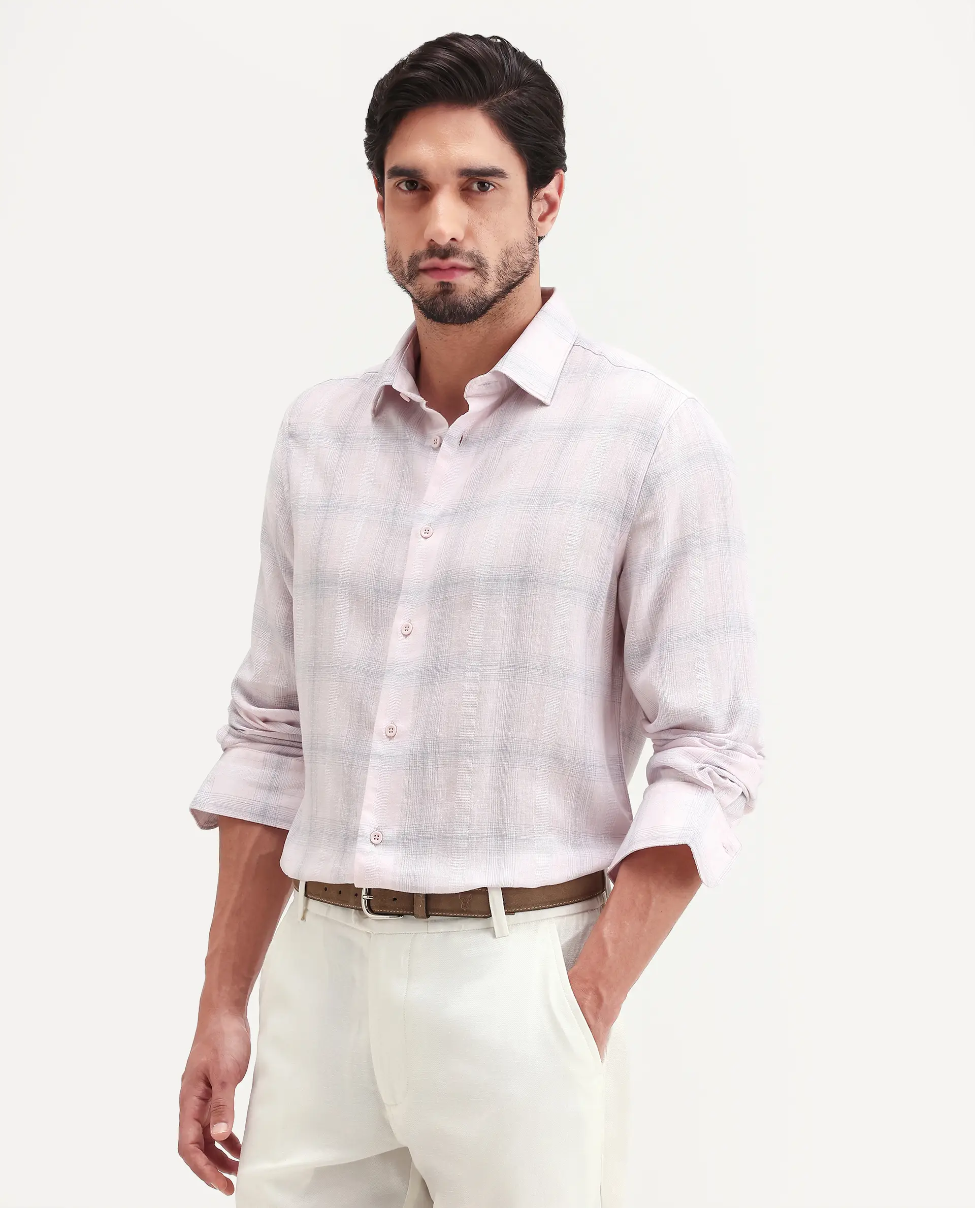 Rare Rabbit Men's Eamon-S26 Light Pink Linen Blend Full Sleeve Spread Collar Regular Fit Checked Shirt - Image 5