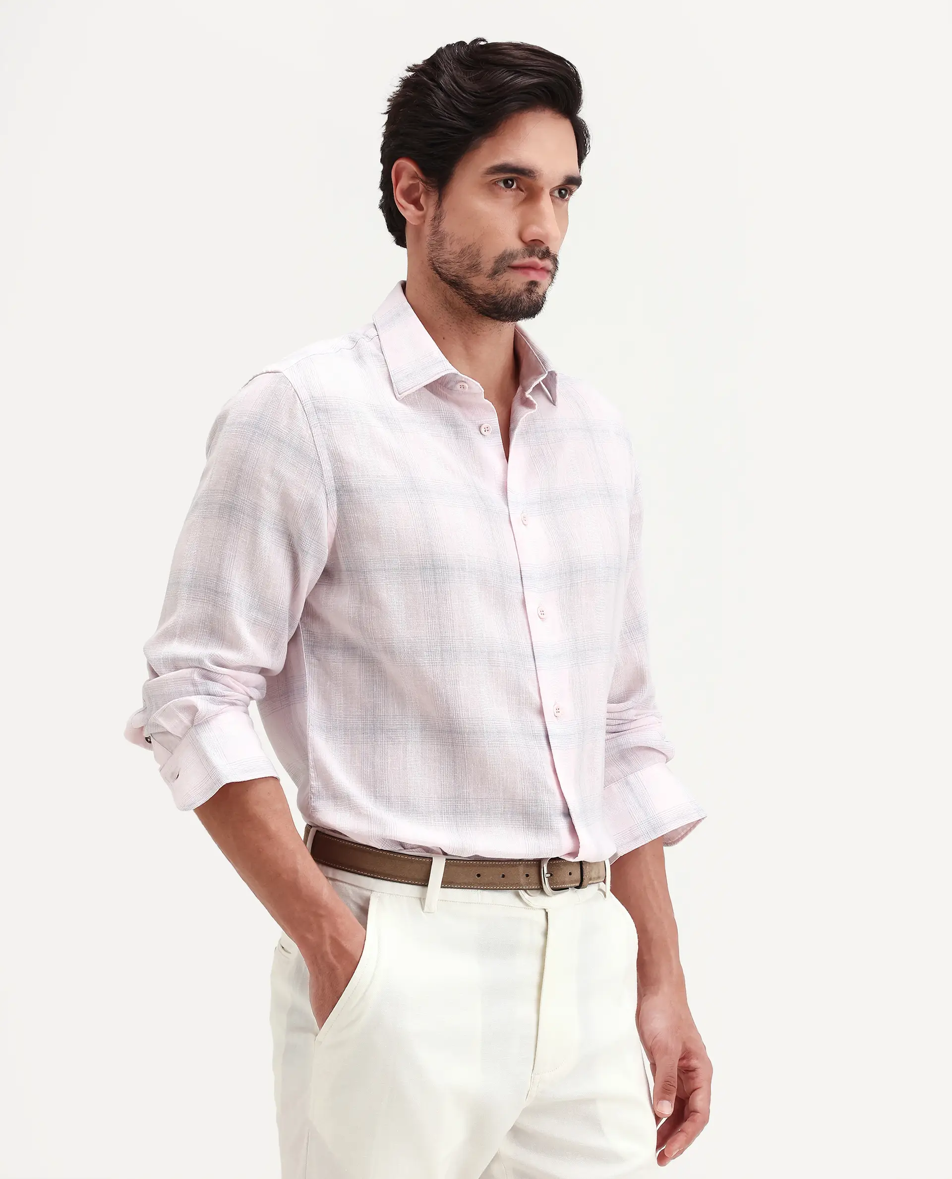 Rare Rabbit Men's Eamon-S26 Light Pink Linen Blend Full Sleeve Spread Collar Regular Fit Checked Shirt - Image 6