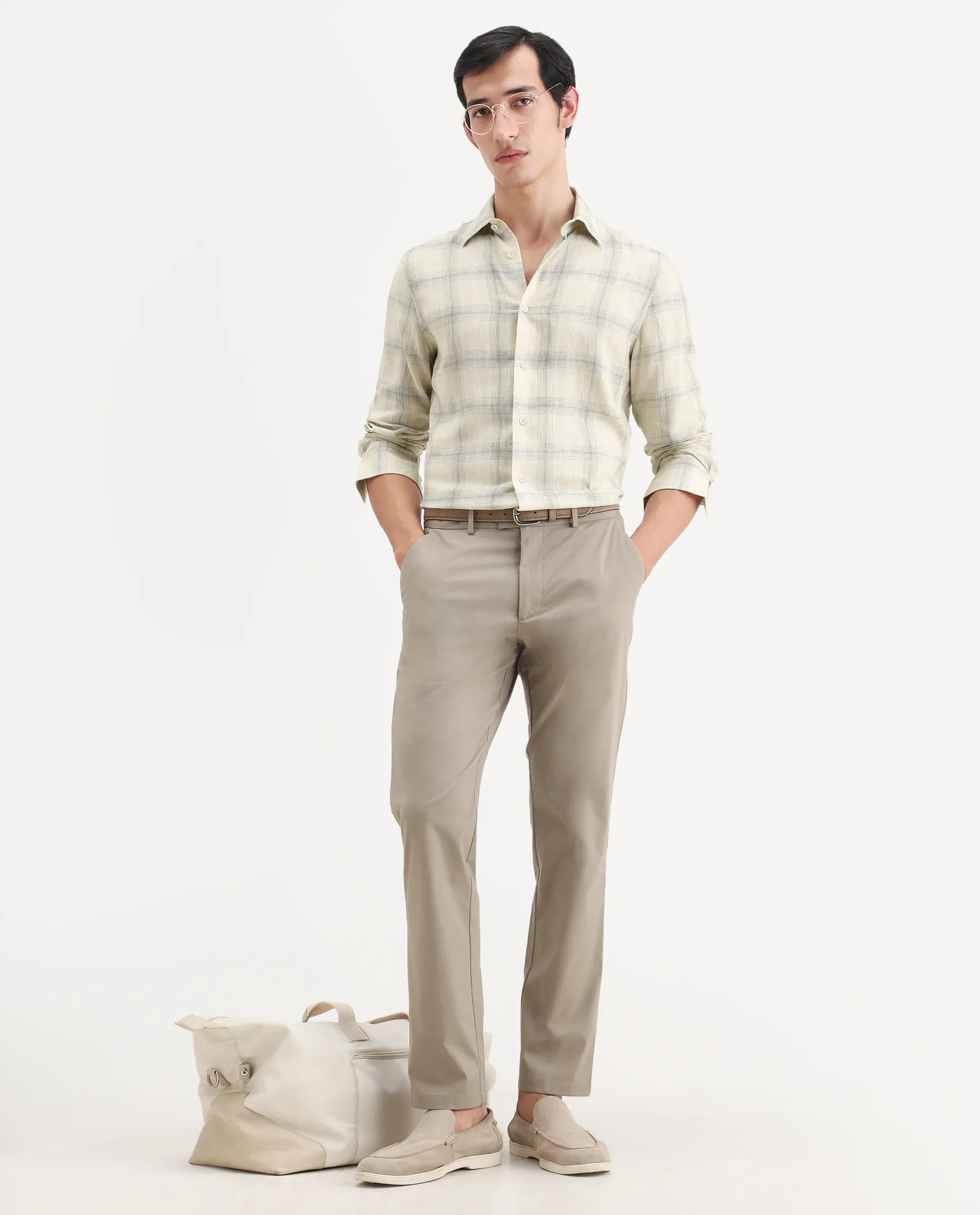 Rare Rabbit Men's Eamon-S26 Light Yellow Linen Blend Full Sleeve Spread Collar Regular Fit Checked Shirt - Image 2