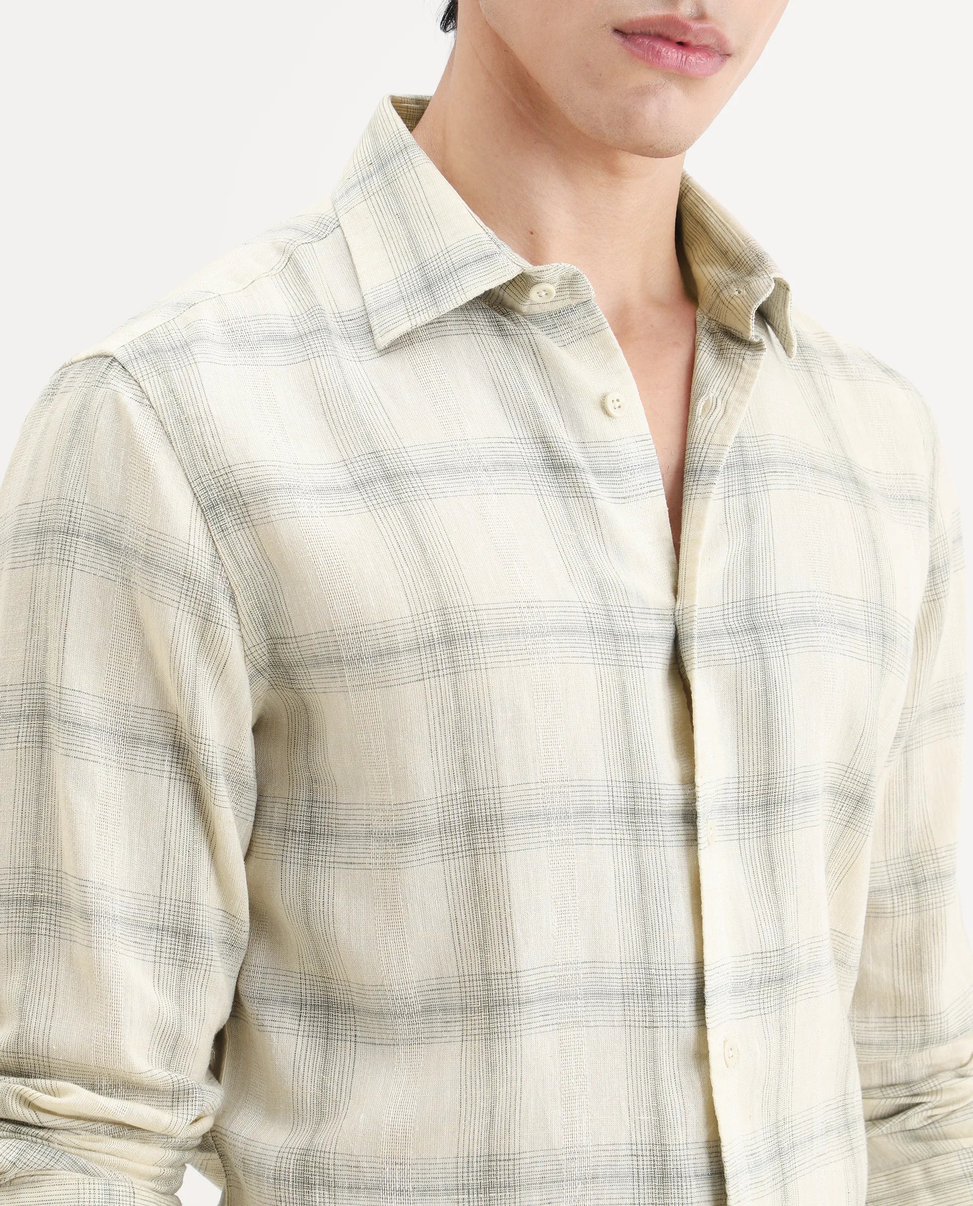 Rare Rabbit Men's Eamon-S26 Light Yellow Linen Blend Full Sleeve Spread Collar Regular Fit Checked Shirt - Image 3