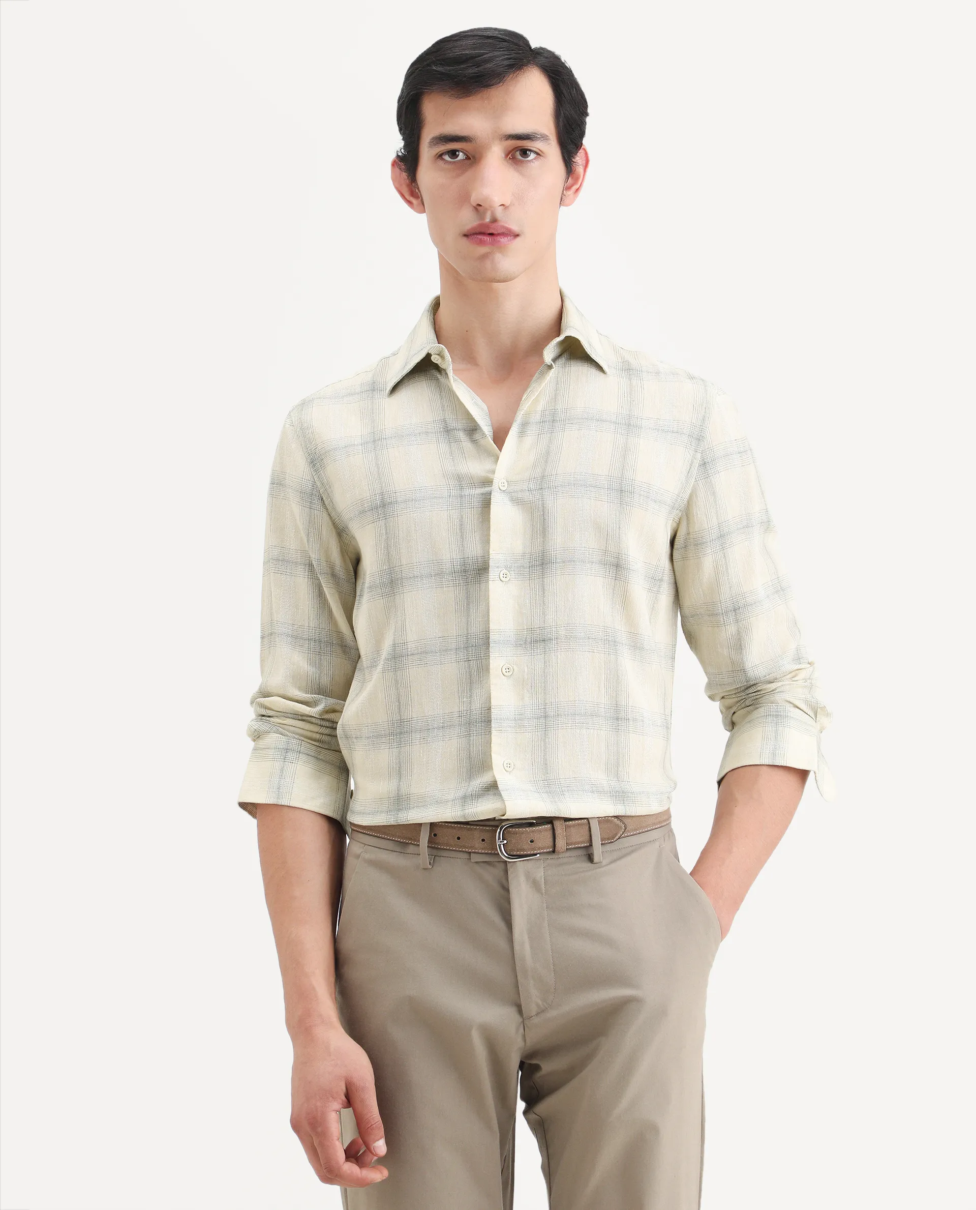 Rare Rabbit Men's Eamon-S26 Light Yellow Linen Blend Full Sleeve Spread Collar Regular Fit Checked Shirt - Image 4