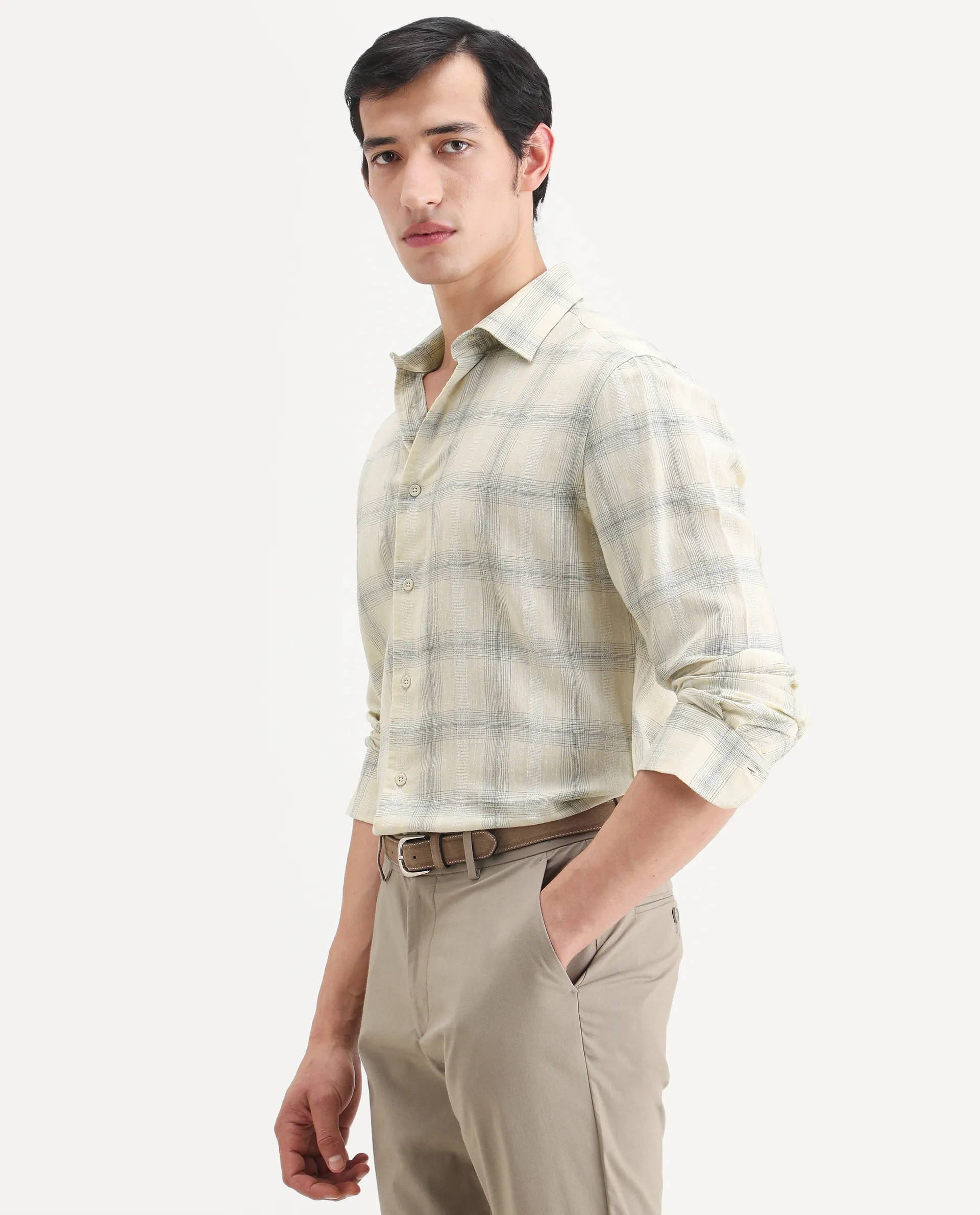Rare Rabbit Men's Eamon-S26 Light Yellow Linen Blend Full Sleeve Spread Collar Regular Fit Checked Shirt - Image 5