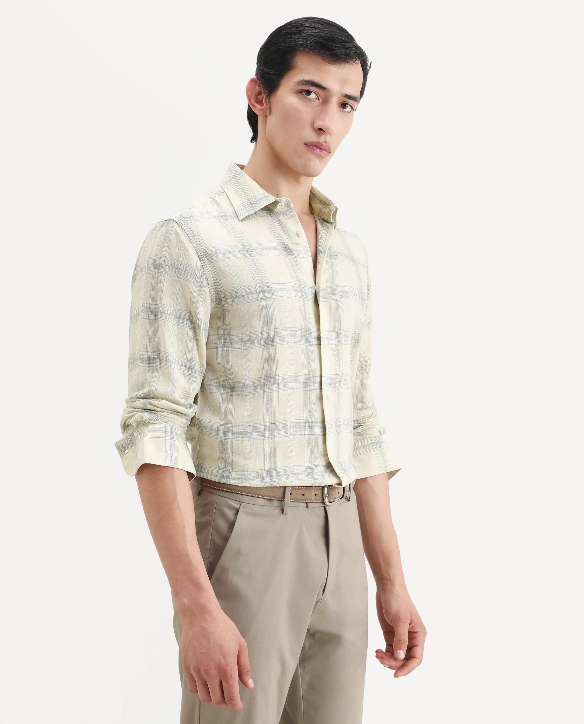 Rare Rabbit Men's Eamon-S26 Light Yellow Linen Blend Full Sleeve Spread Collar Regular Fit Checked Shirt - Image 6