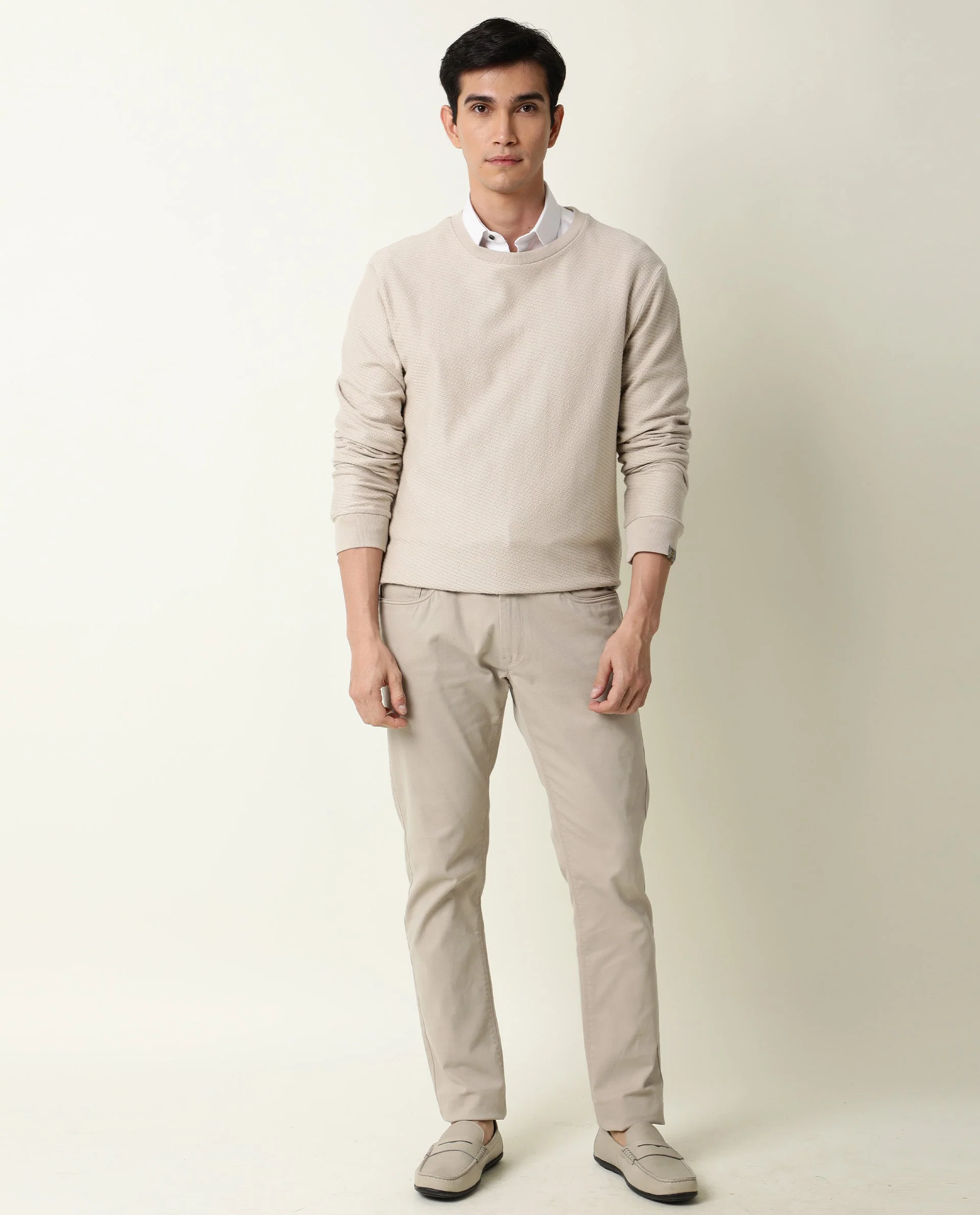 Rare Rabbit Men's Earl Beige Cotton Plain Slim Fit Full Sleeve Crew Neck Sweatshirt - Image 3