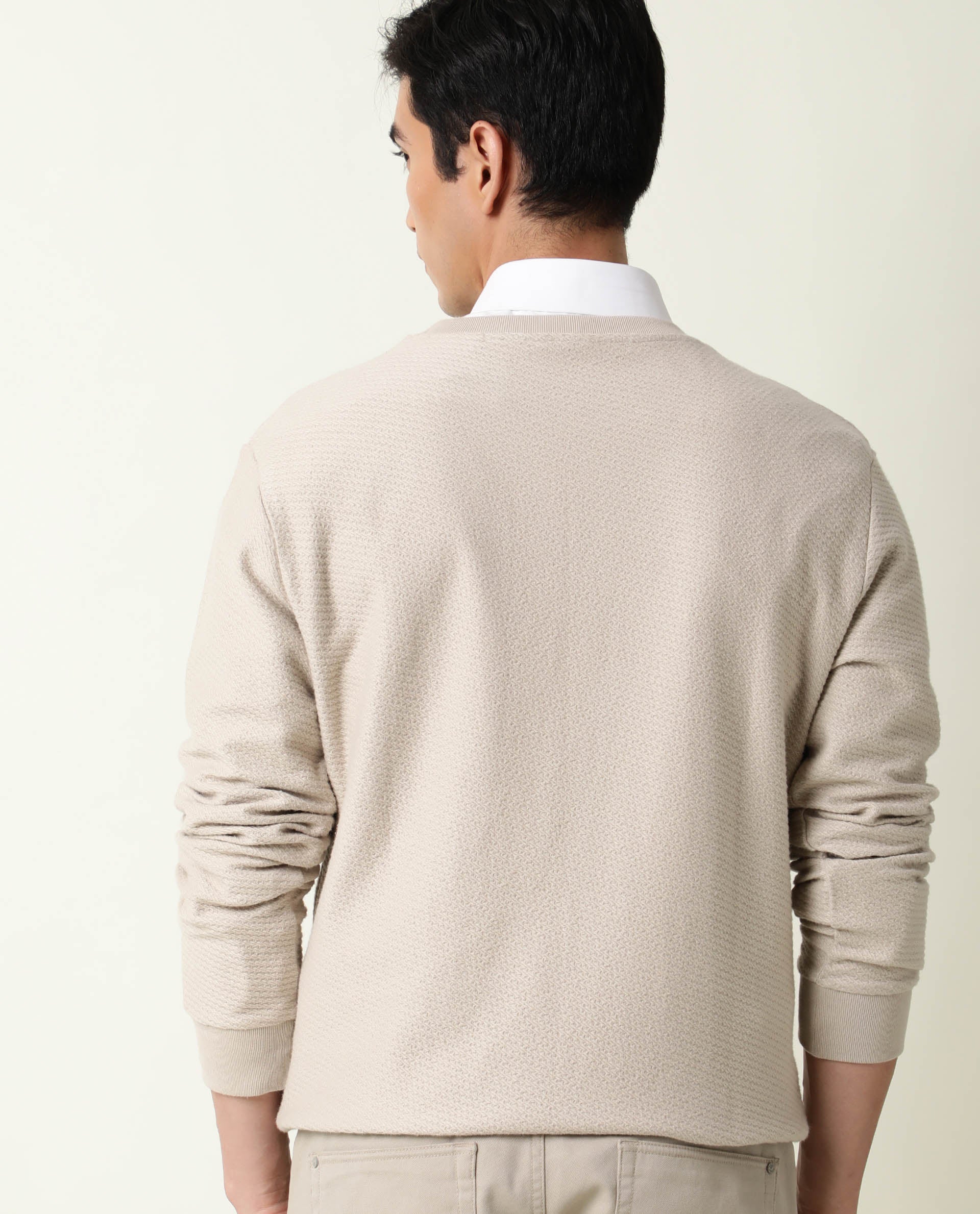 Rare Rabbit Men's Earl Beige Cotton Plain Slim Fit Full Sleeve Crew Neck Sweatshirt - Image 7