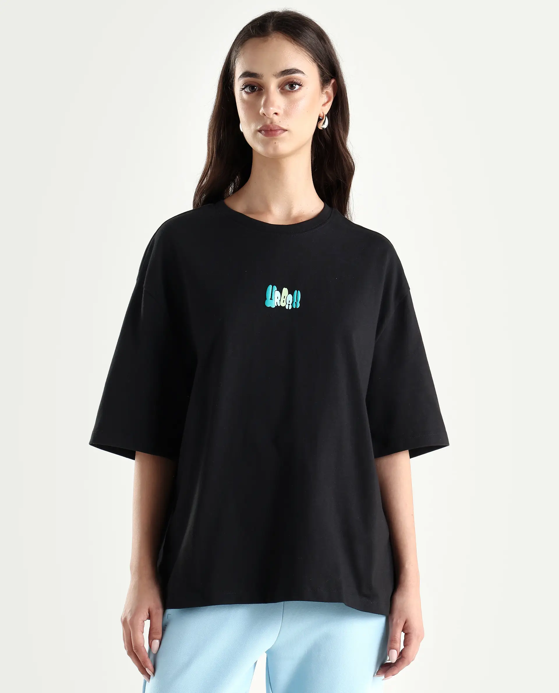 Rareism Women's Earl Black Cotton Blend Crew Neck Graphic Print Relaxed Fit T-Shirt - Image 3