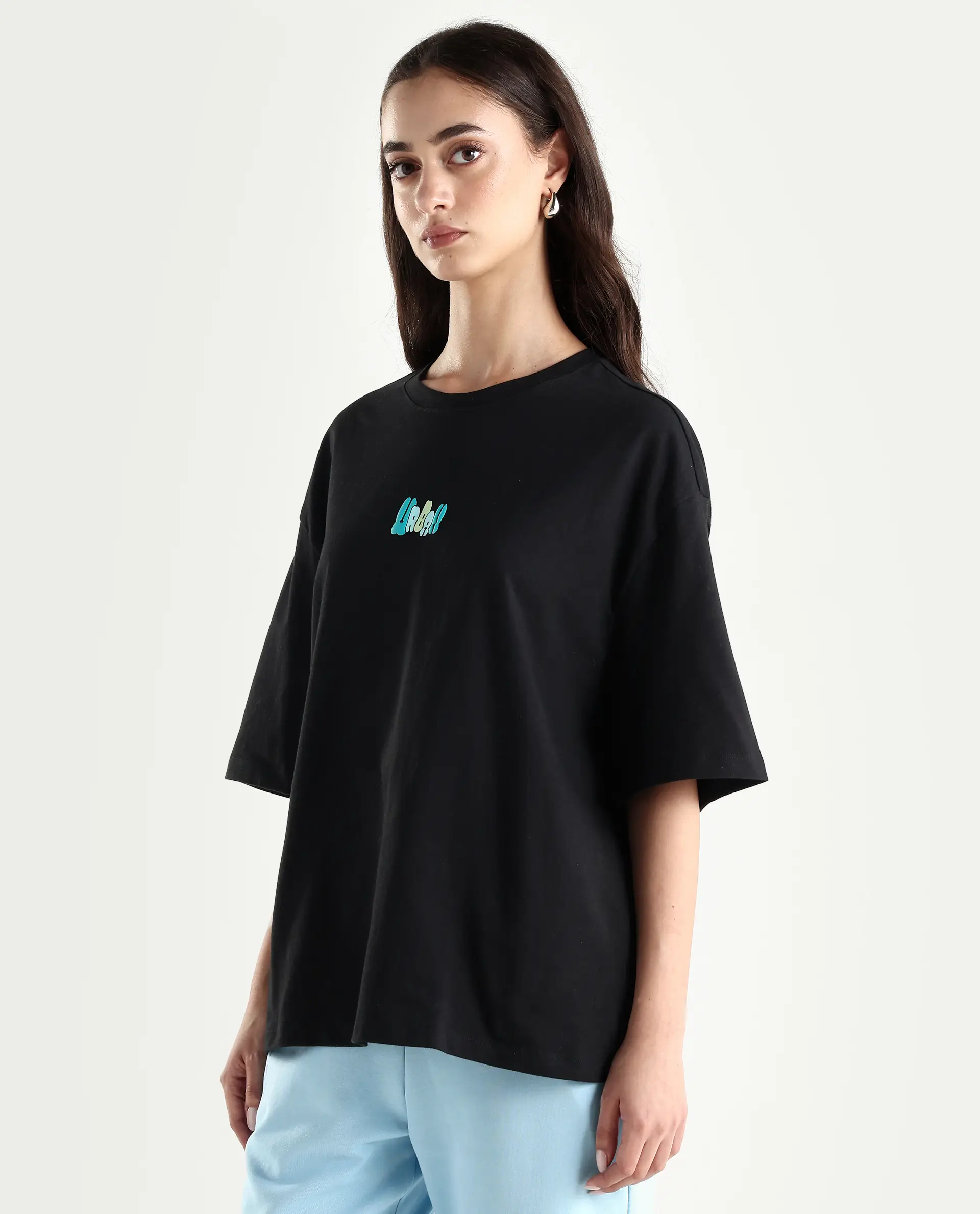 Rareism Women's Earl Black Cotton Blend Crew Neck Graphic Print Relaxed Fit T-Shirt - Image 5
