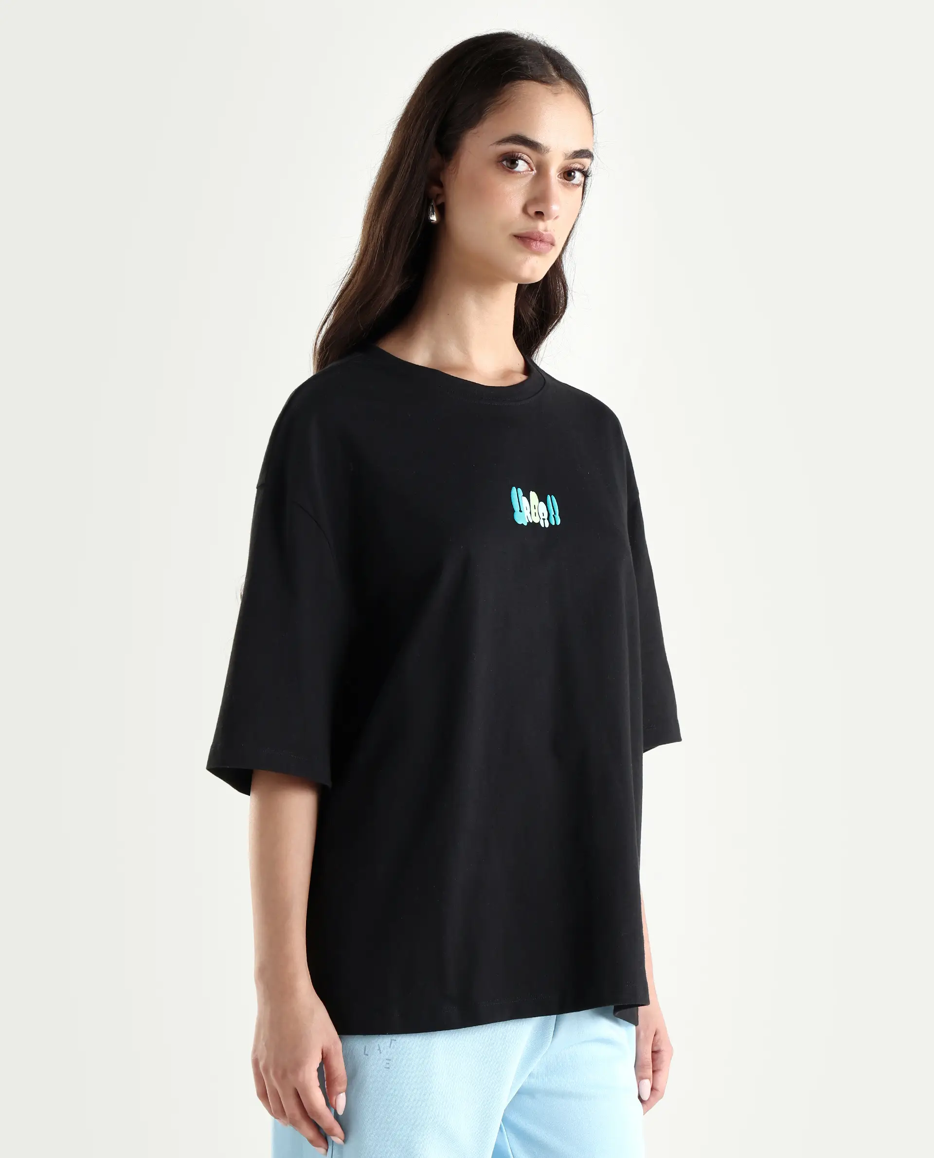 Rareism Women's Earl Black Cotton Blend Crew Neck Graphic Print Relaxed Fit T-Shirt - Image 6