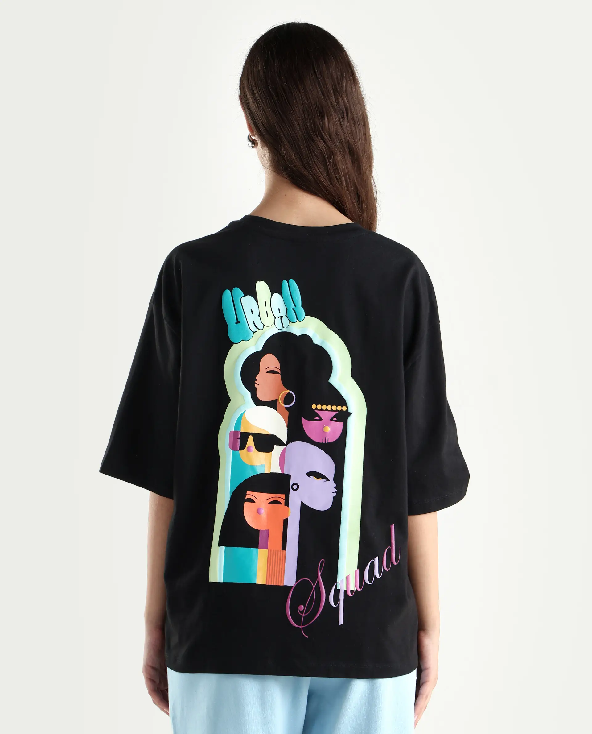 Rareism Women's Earl Black Cotton Blend Crew Neck Graphic Print Relaxed Fit T-Shirt - Image 7
