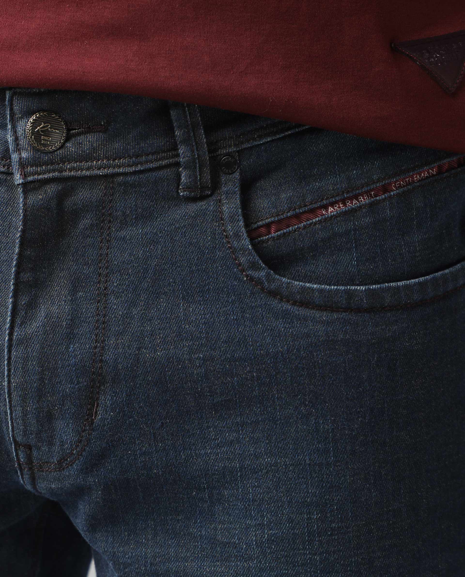 Rare Rabbit Men's Earth Navy Cotton Plain Hawk Slim Fit Jeans - Image 2
