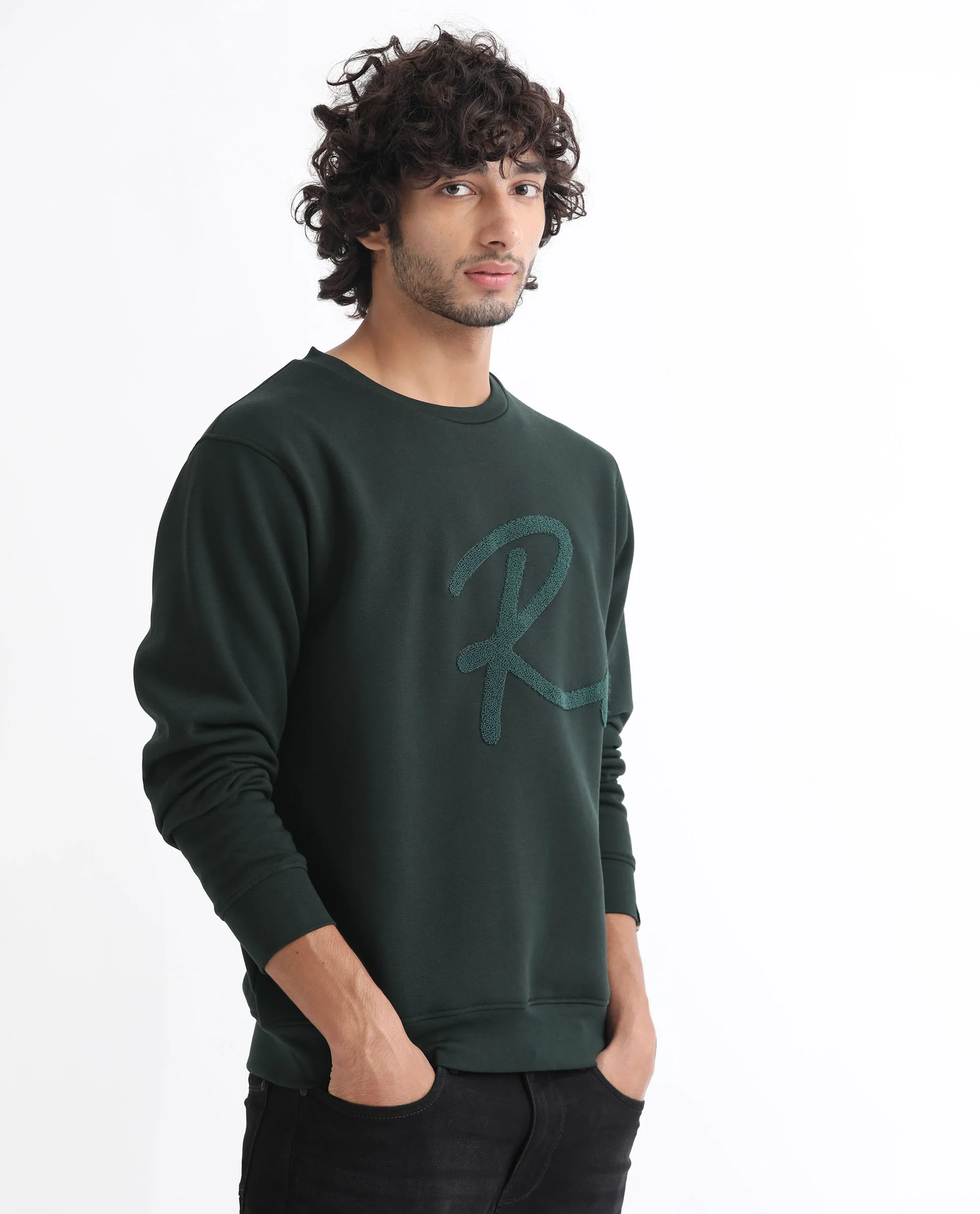 Rare Rabbit Men's East Dark Green Cotton Embroidered Regular Fit Full Sleeve Crew Neck Sweatshirt - Image 10