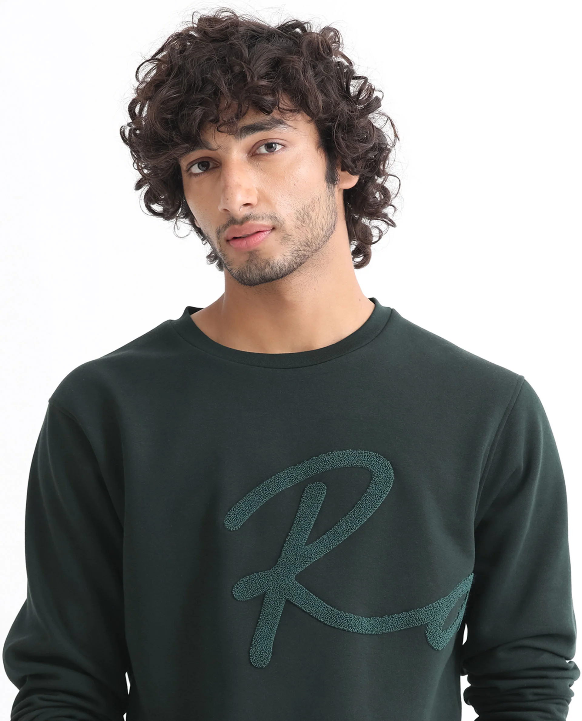 Rare Rabbit Men's East Dark Green Cotton Embroidered Regular Fit Full Sleeve Crew Neck Sweatshirt - Image 2