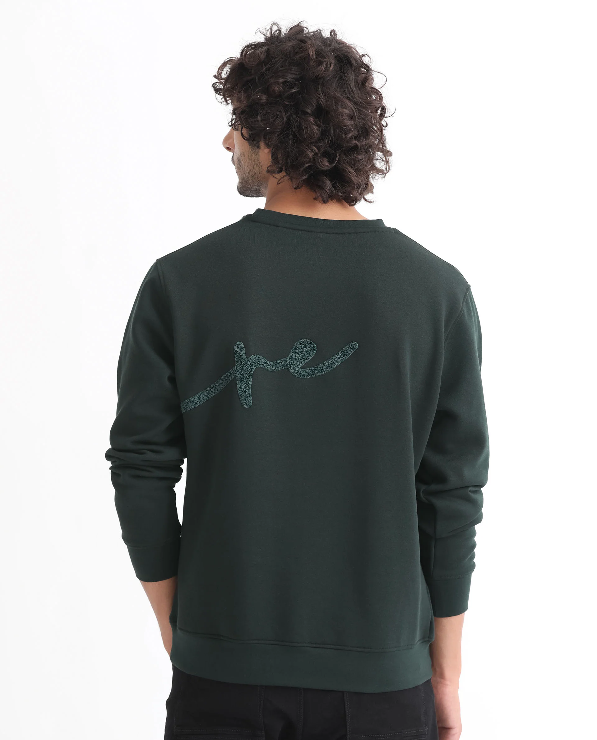 Rare Rabbit Men's East Dark Green Cotton Embroidered Regular Fit Full Sleeve Crew Neck Sweatshirt - Image 3