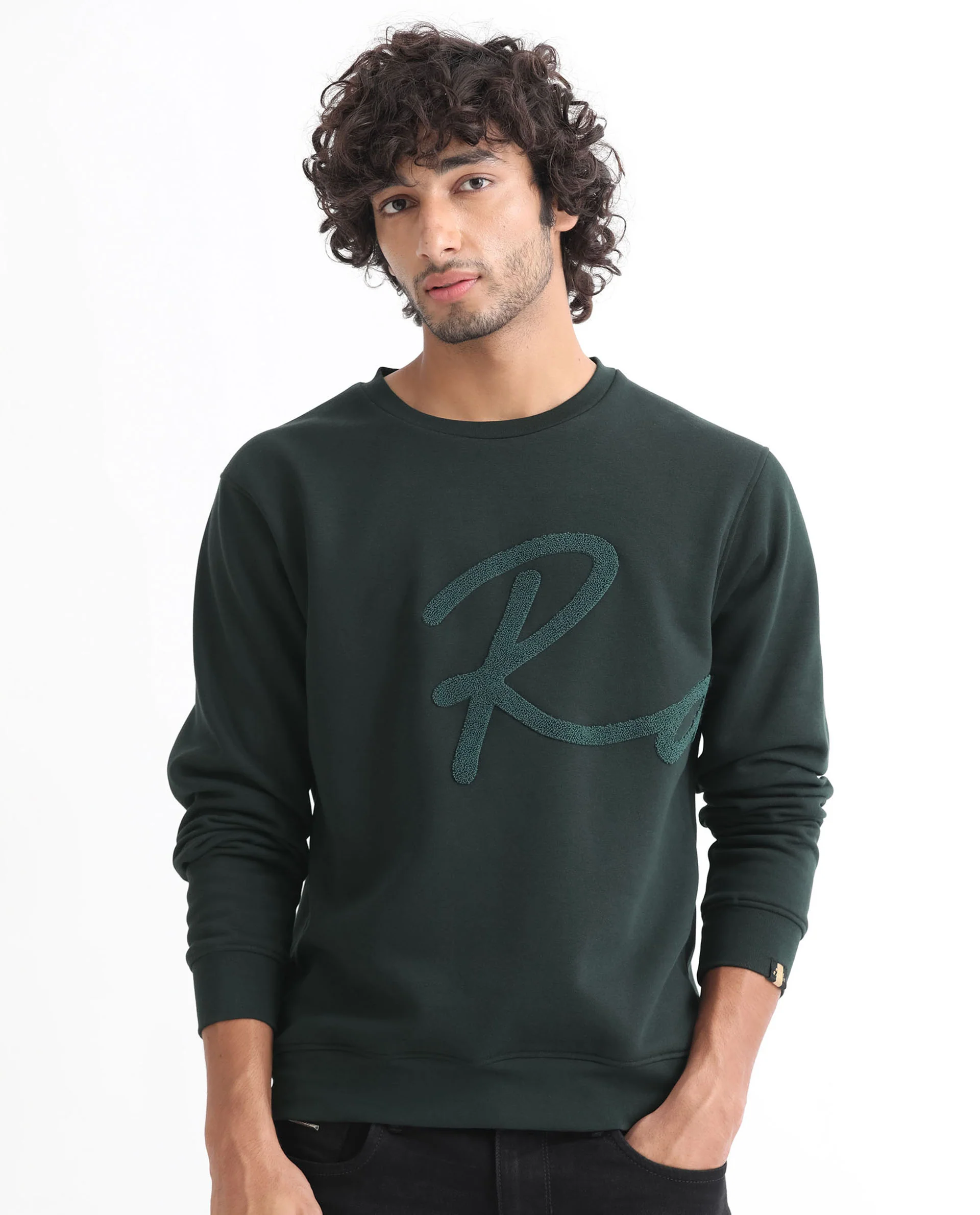 Rare Rabbit Men's East Dark Green Cotton Embroidered Regular Fit Full Sleeve Crew Neck Sweatshirt - Image 4