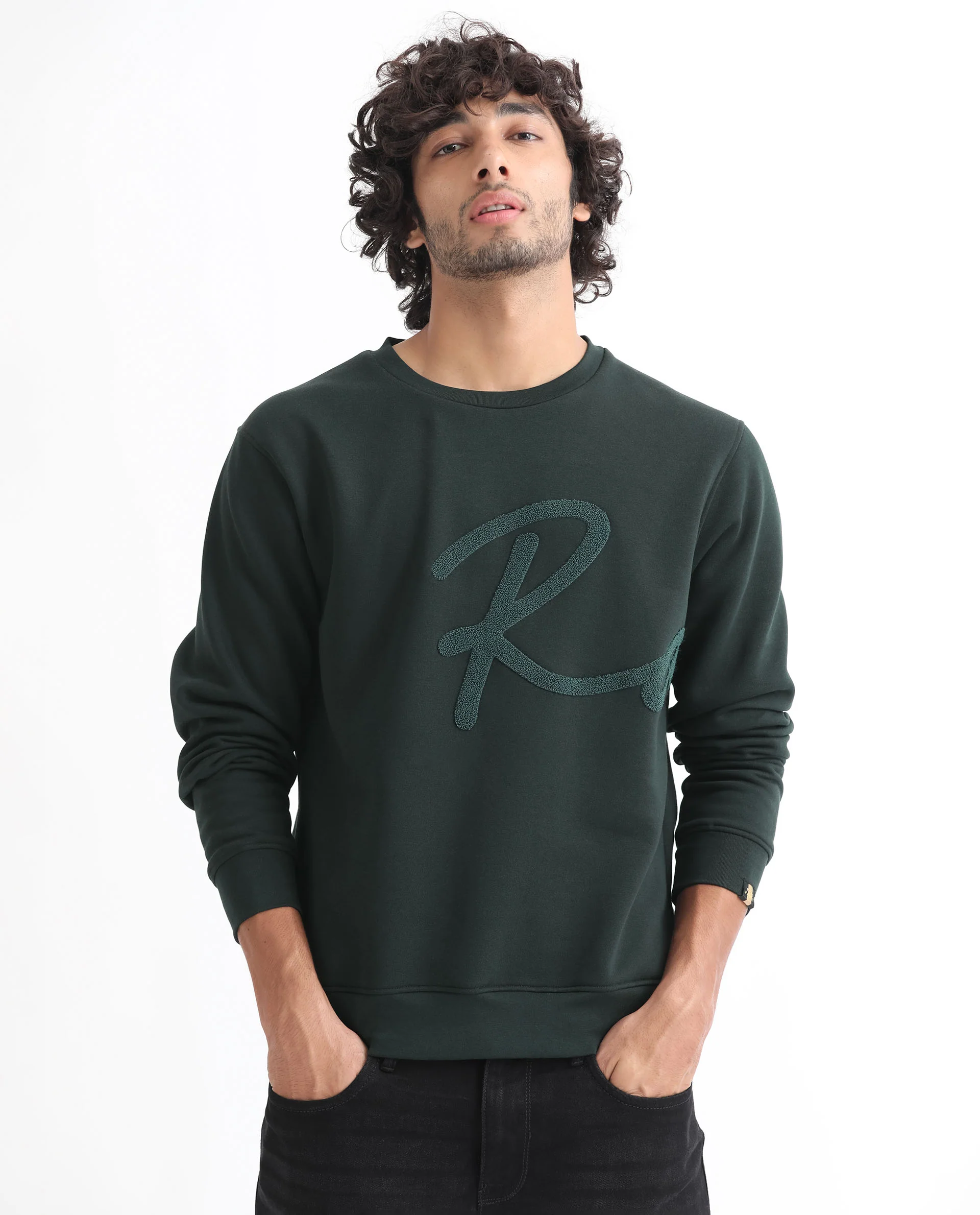 Rare Rabbit Men's East Dark Green Cotton Embroidered Regular Fit Full Sleeve Crew Neck Sweatshirt - Image 5
