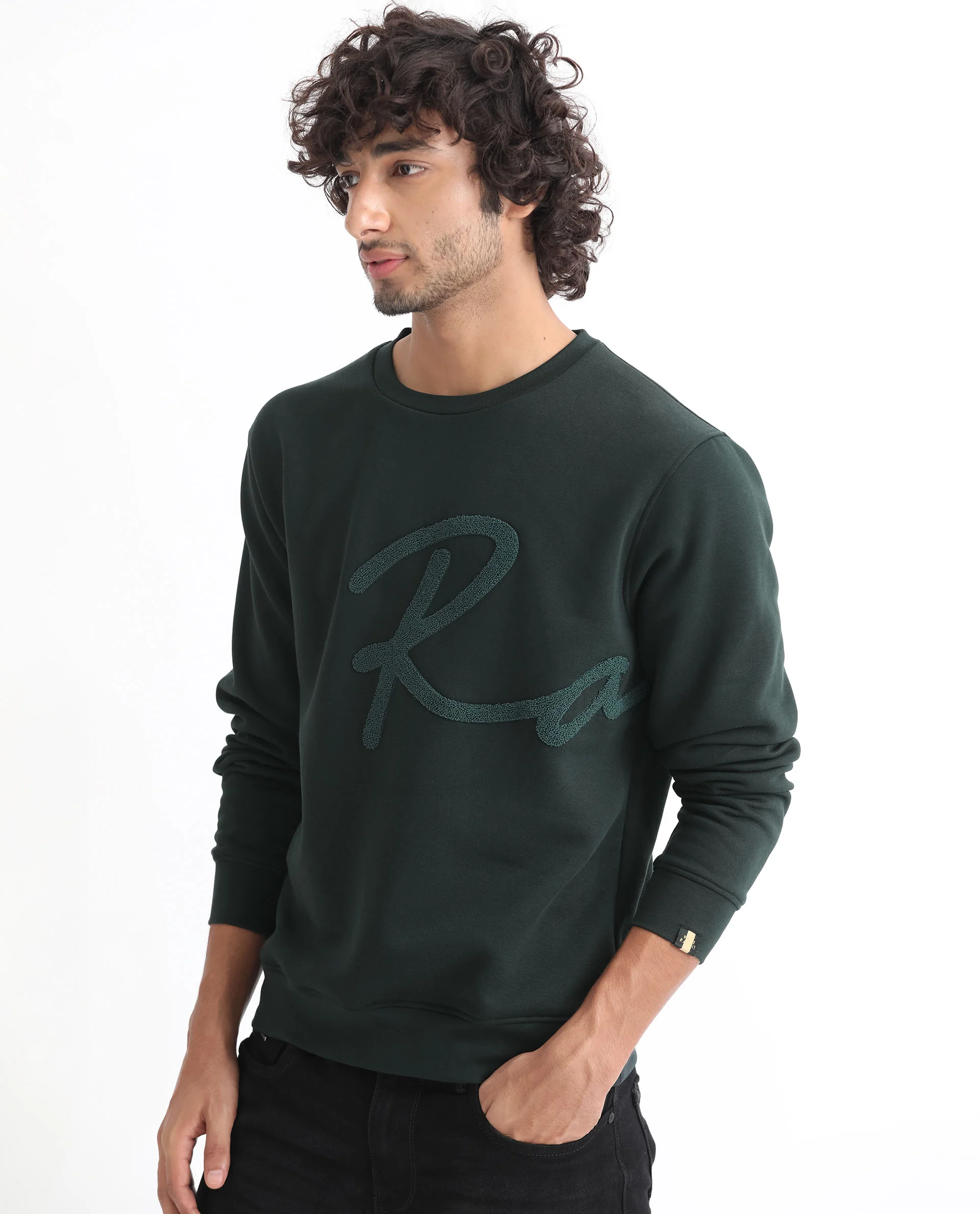 Rare Rabbit Men's East Dark Green Cotton Embroidered Regular Fit Full Sleeve Crew Neck Sweatshirt - Image 6