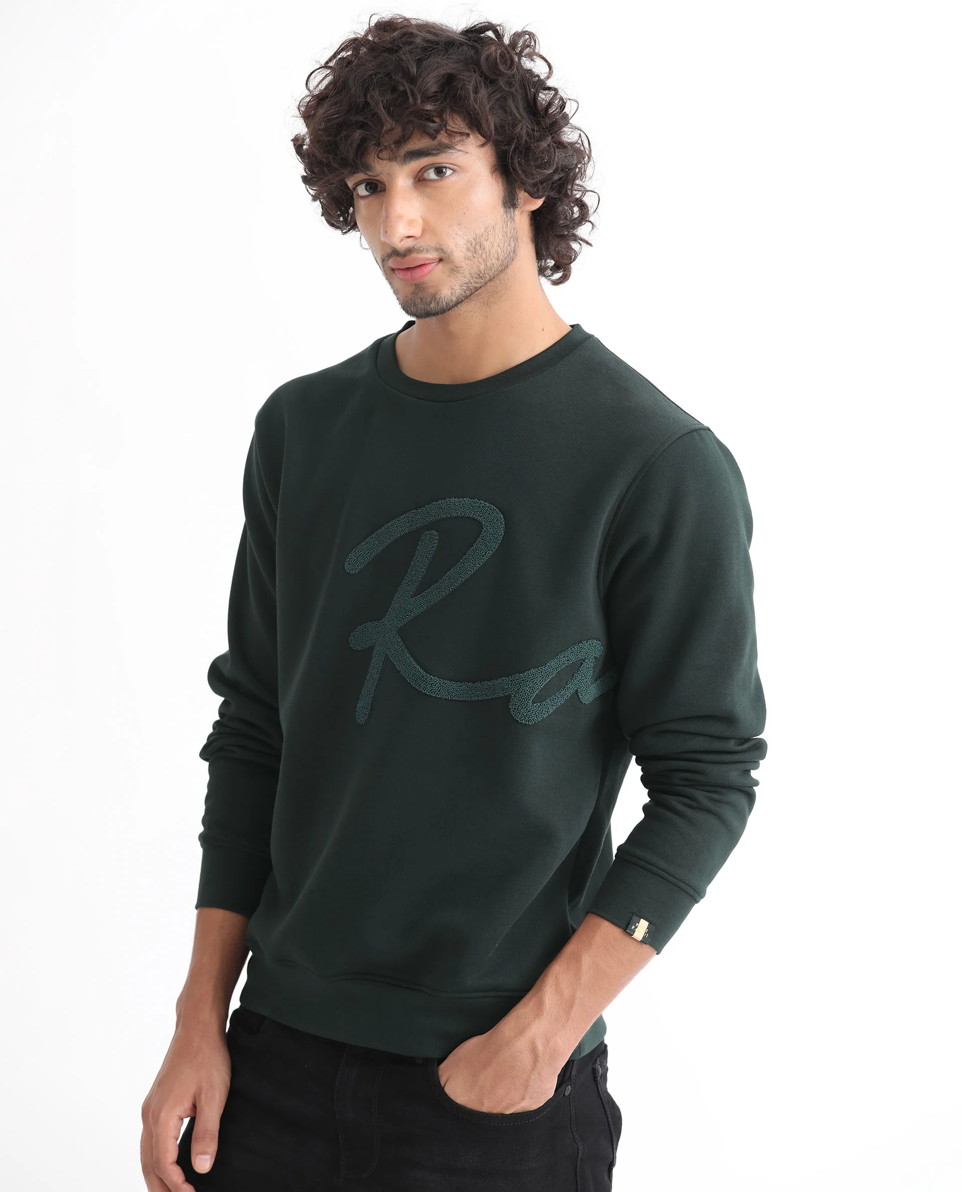 Rare Rabbit Men's East Dark Green Cotton Embroidered Regular Fit Full Sleeve Crew Neck Sweatshirt - Image 7