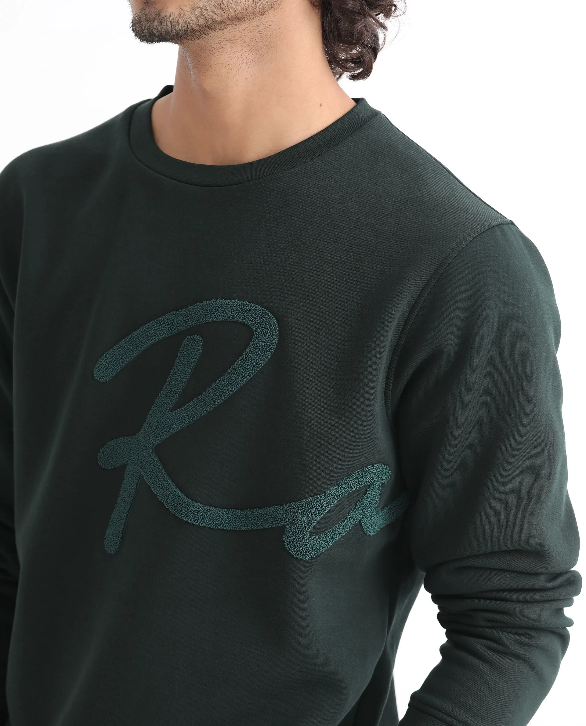 Rare Rabbit Men's East Dark Green Cotton Embroidered Regular Fit Full Sleeve Crew Neck Sweatshirt - Image 8