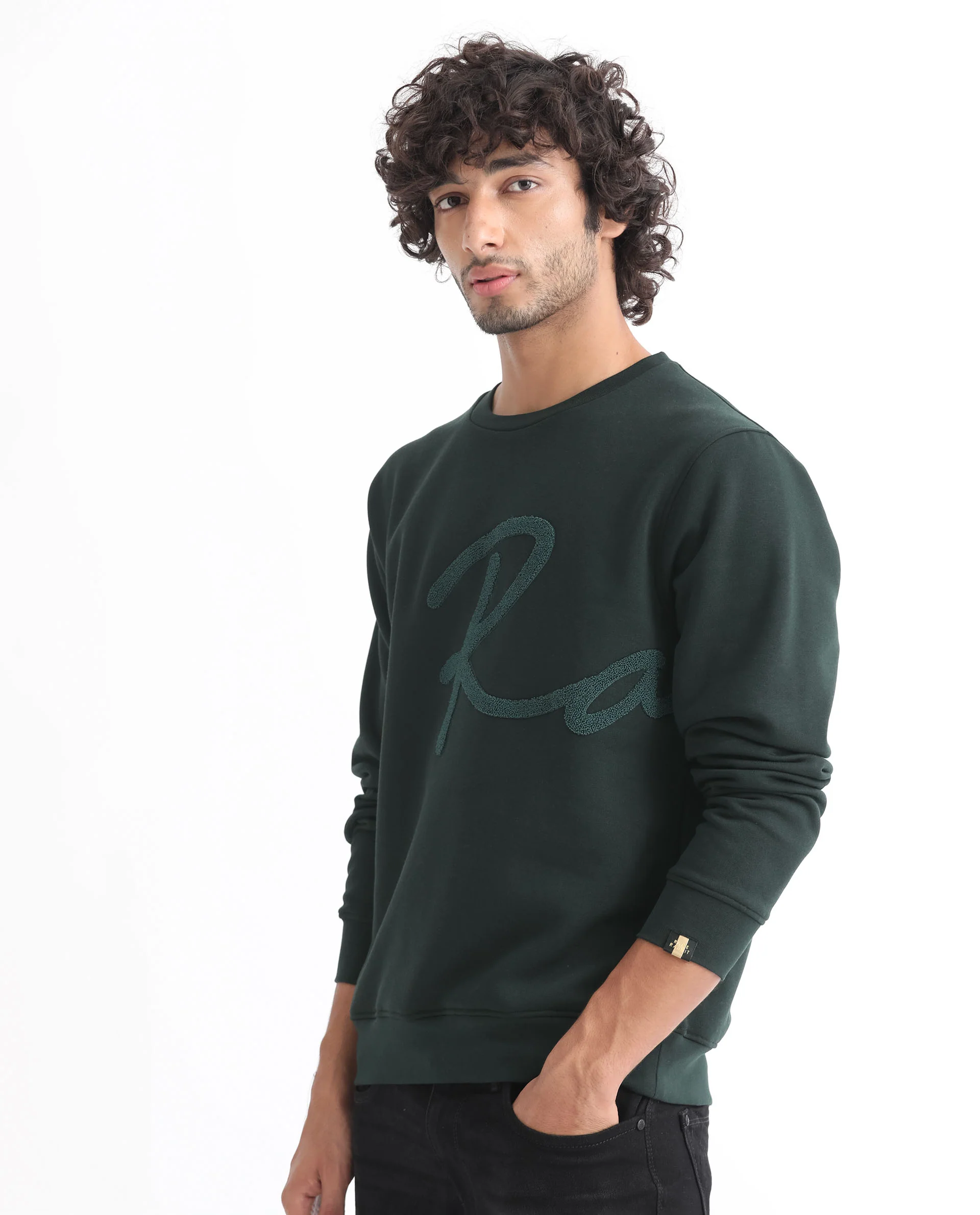 Rare Rabbit Men's East Dark Green Cotton Embroidered Regular Fit Full Sleeve Crew Neck Sweatshirt - Image 9