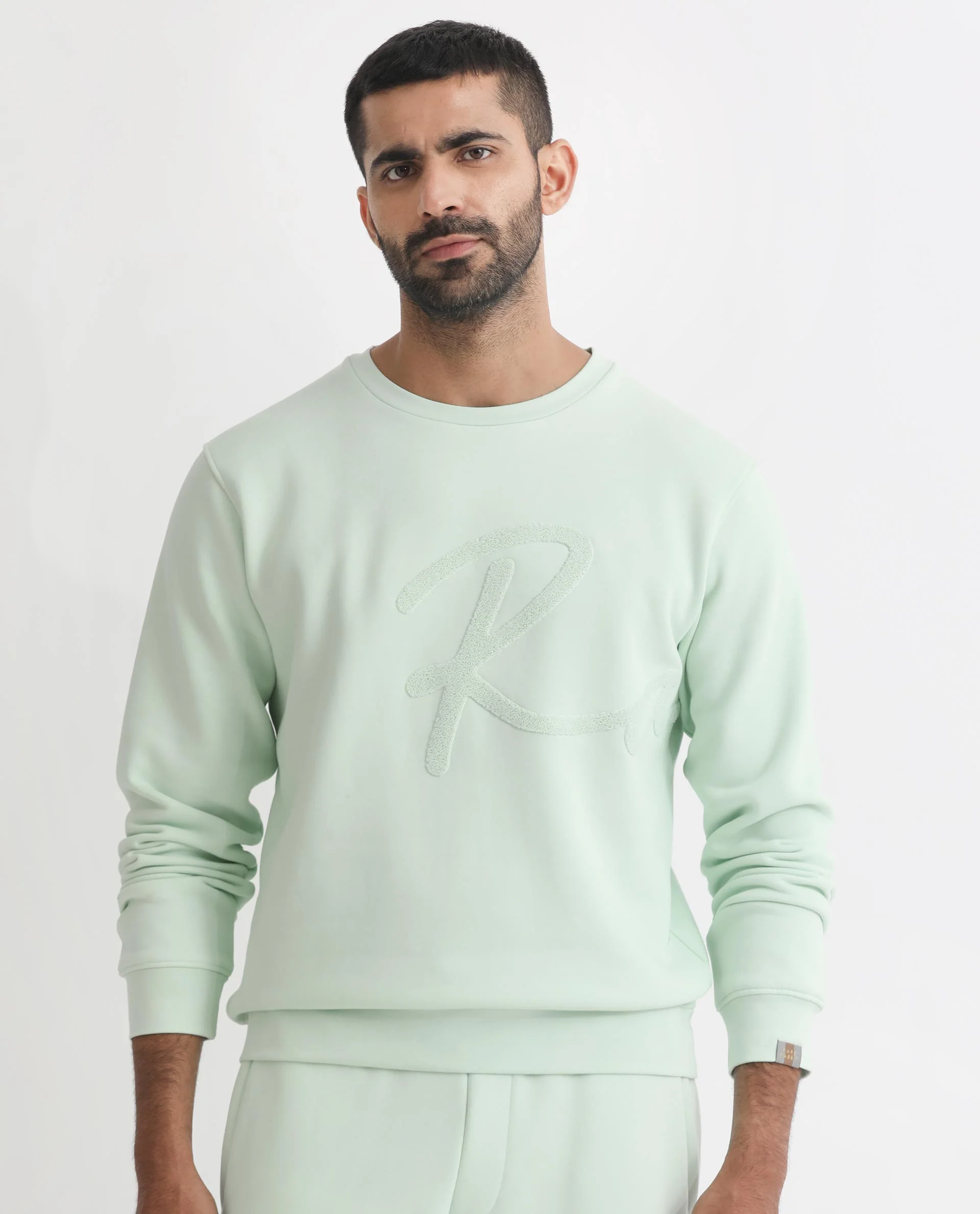 Rare Rabbit Men's East Light Green Cotton Embroidered Regular Fit Full Sleeve Crew Neck Sweatshirt - Image 2