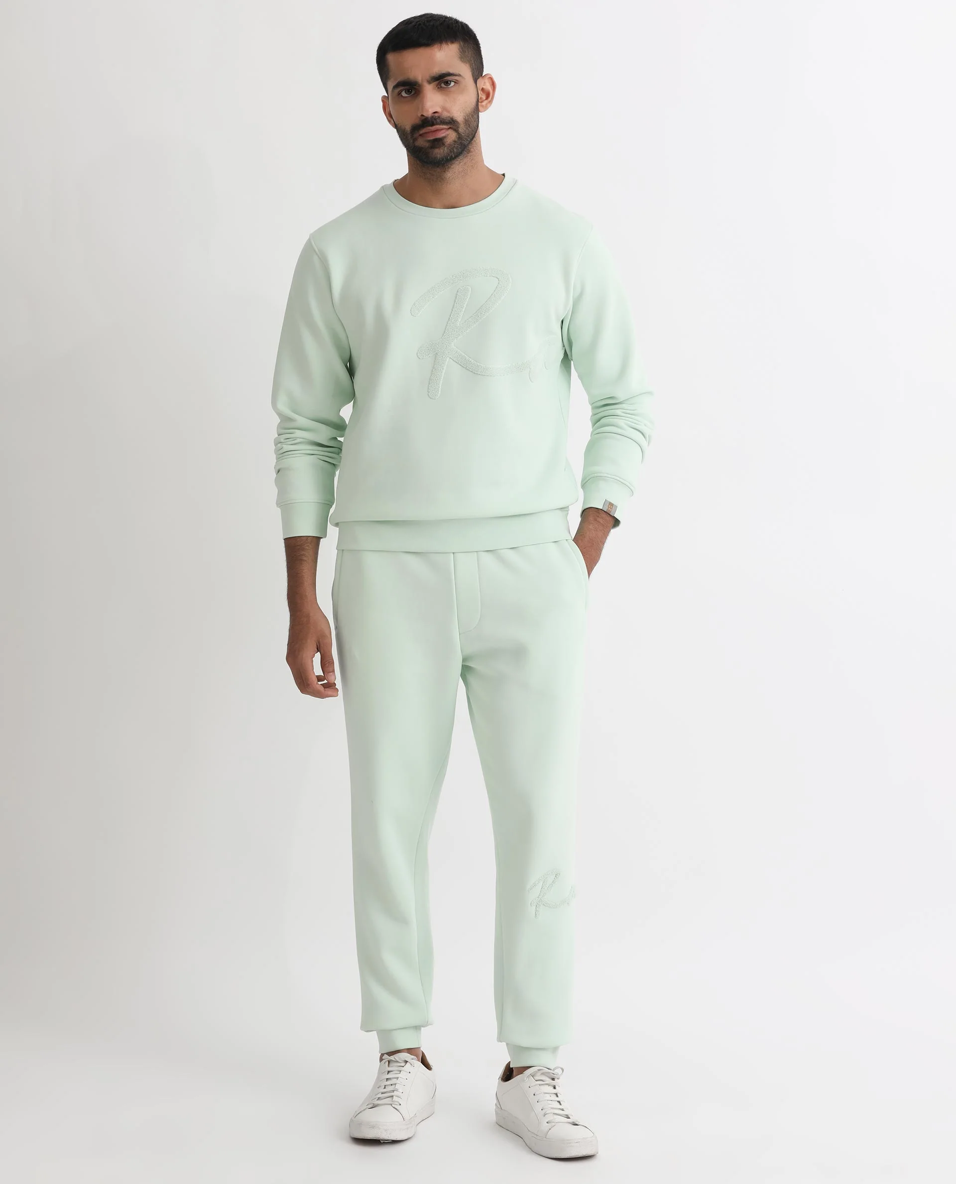 Rare Rabbit Men's East Light Green Cotton Embroidered Regular Fit Full Sleeve Crew Neck Sweatshirt - Image 3