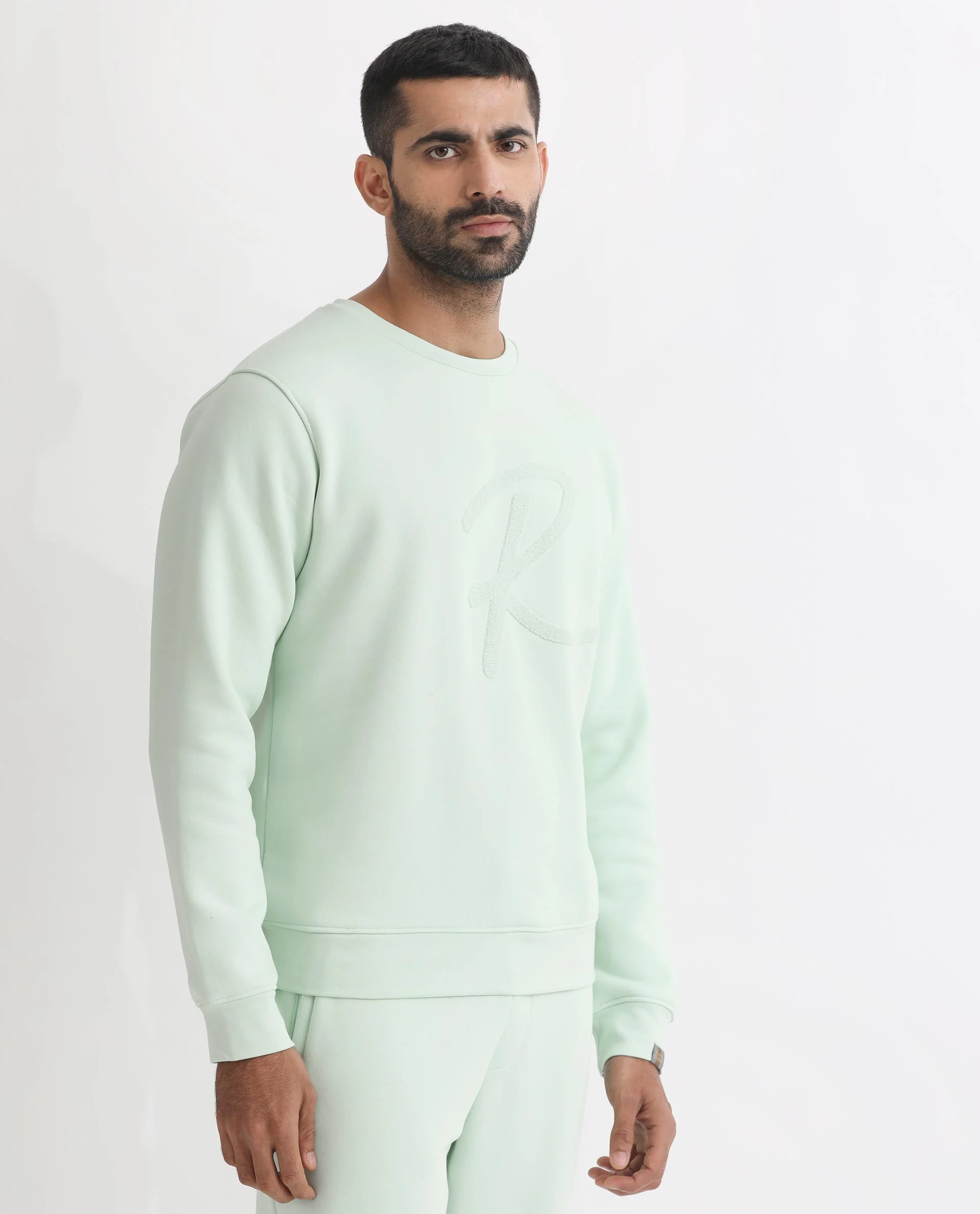 Rare Rabbit Men's East Light Green Cotton Embroidered Regular Fit Full Sleeve Crew Neck Sweatshirt - Image 4