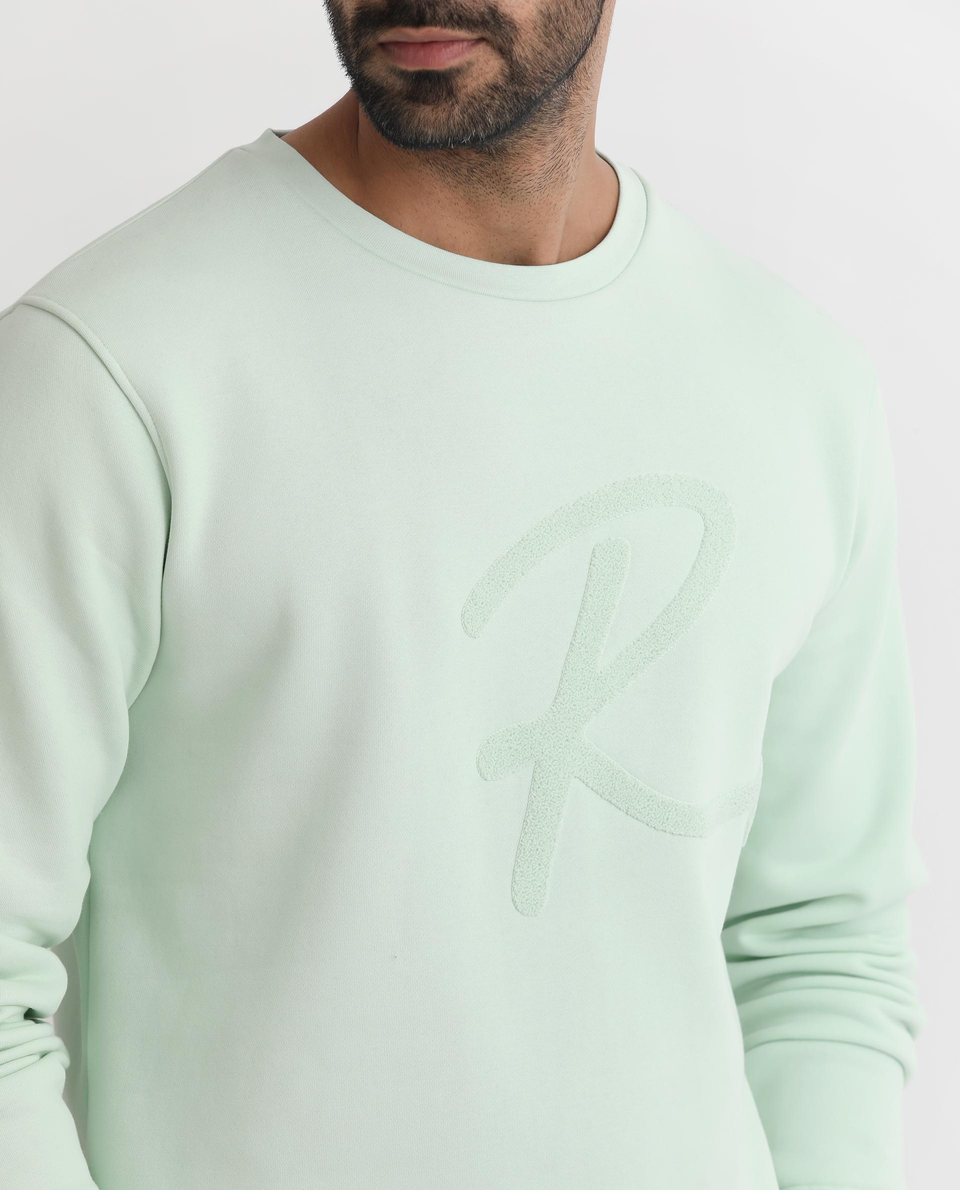 Rare Rabbit Men's East Light Green Cotton Embroidered Regular Fit Full Sleeve Crew Neck Sweatshirt - Image 5