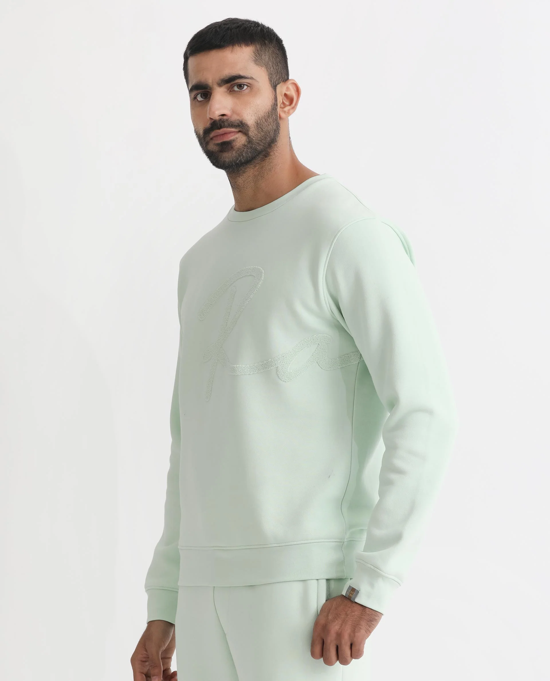 Rare Rabbit Men's East Light Green Cotton Embroidered Regular Fit Full Sleeve Crew Neck Sweatshirt - Image 6
