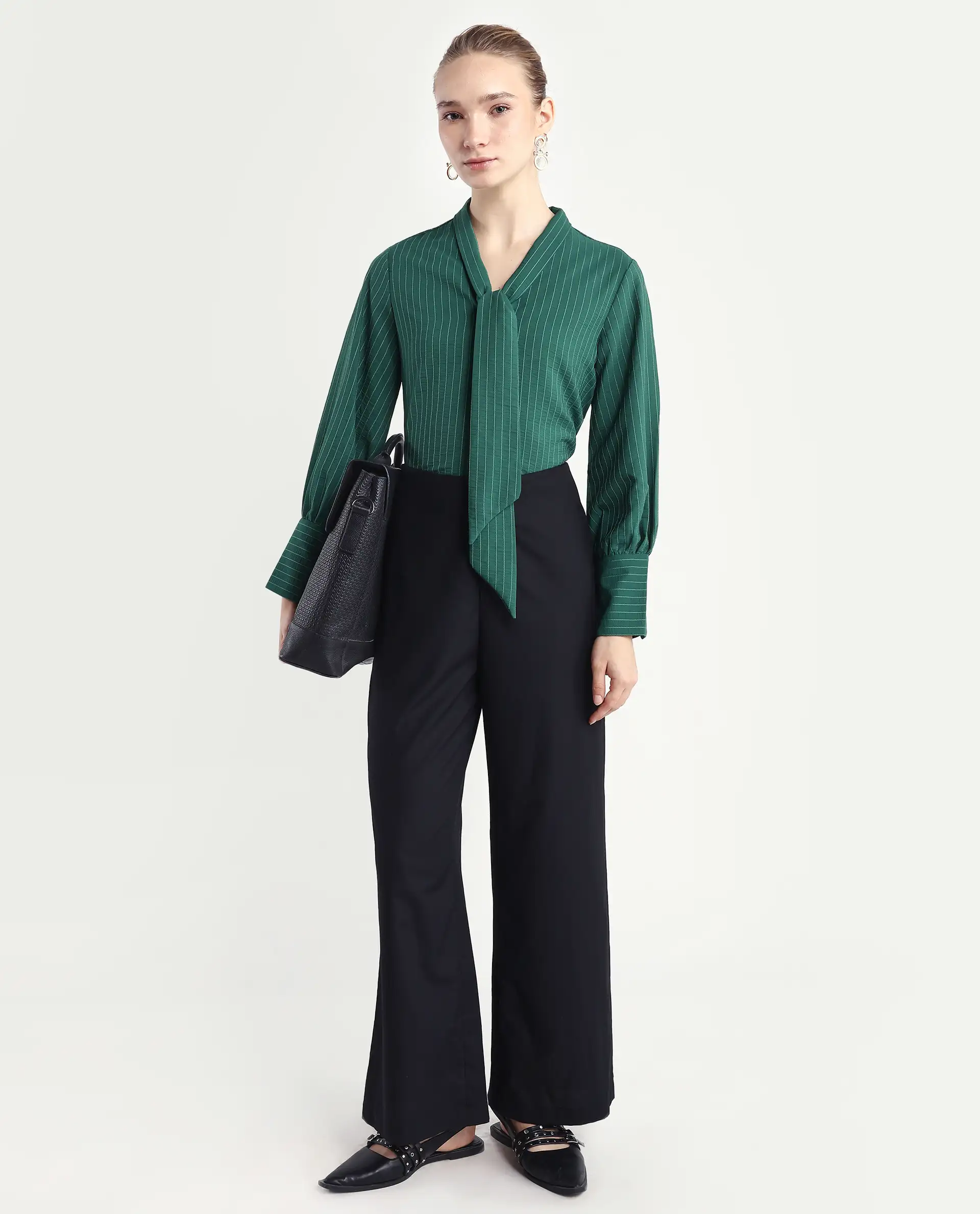 Rareism Women's Eawho Green Polyester Tie-Up Neck Plain Bishop Sleeve Regular Fit Top - Image 2