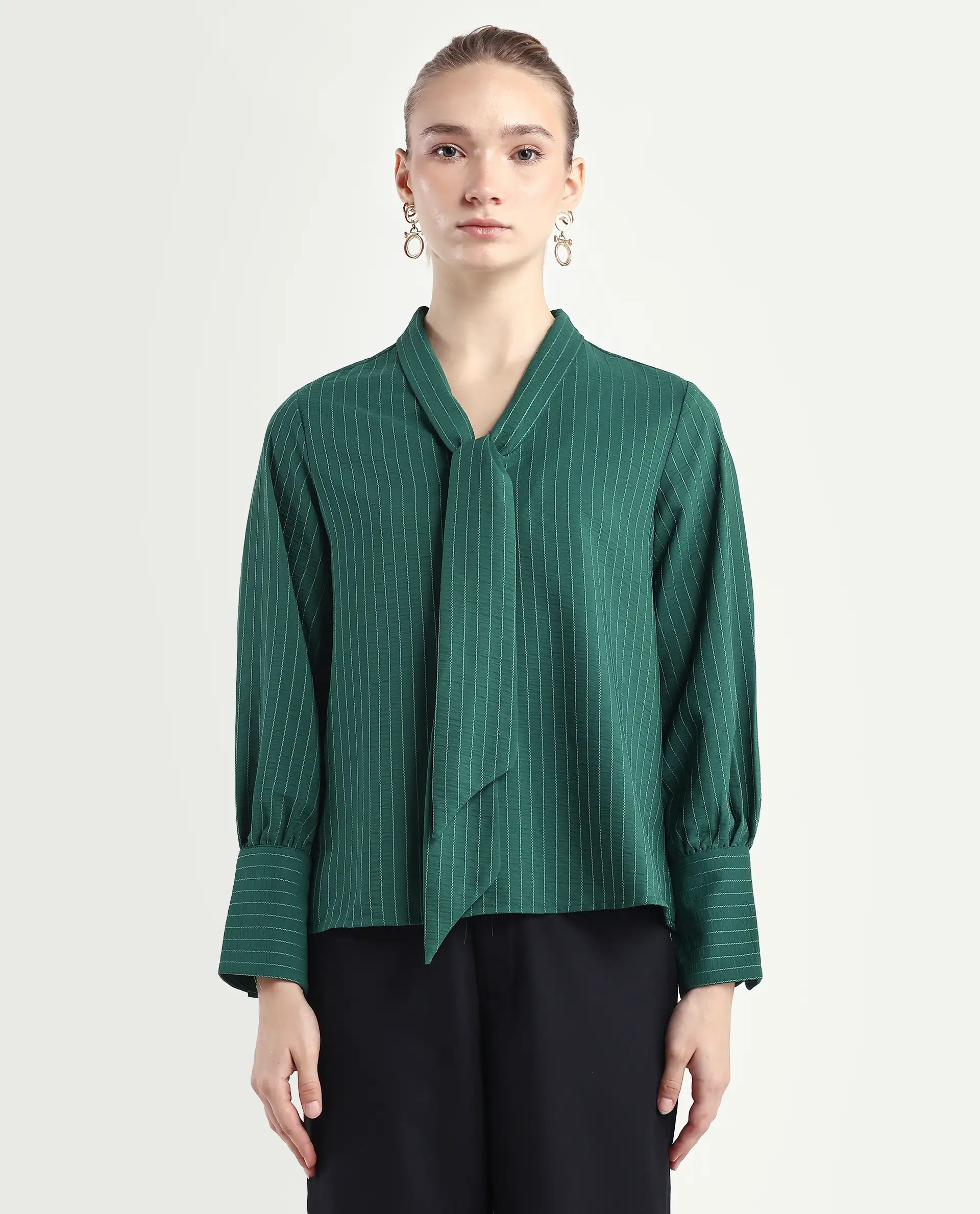 Rareism Women's Eawho Green Polyester Tie-Up Neck Plain Bishop Sleeve Regular Fit Top - Image 3