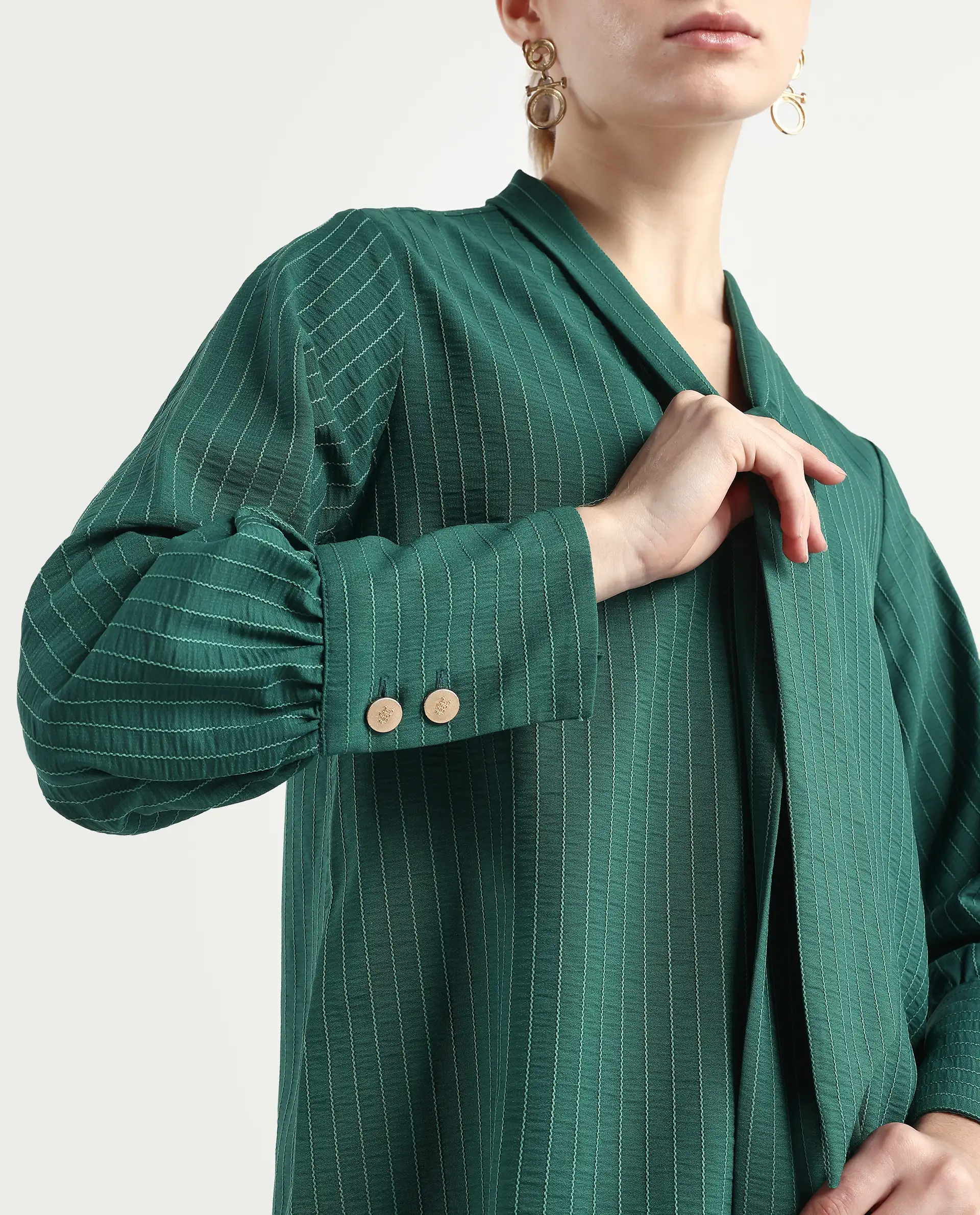 Rareism Women's Eawho Green Polyester Tie-Up Neck Plain Bishop Sleeve Regular Fit Top - Image 4